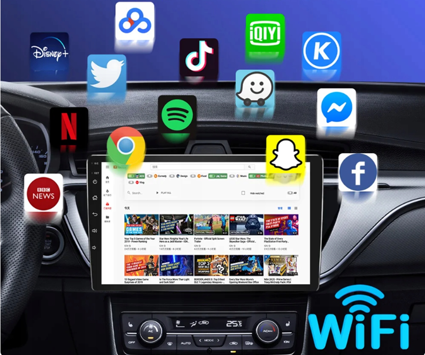 Radio Samochodowe 1DIN 10"Android 2/32GB Bluetooth USB CarPlay AndroidAuto Montaż 2-DIN
