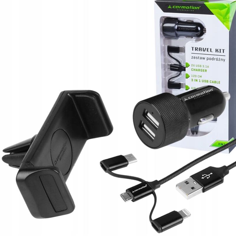 Ładowarka Samochodowa 2XUSB Multi-kabel 120CM Uchwyt Samochodowy W Kratkę