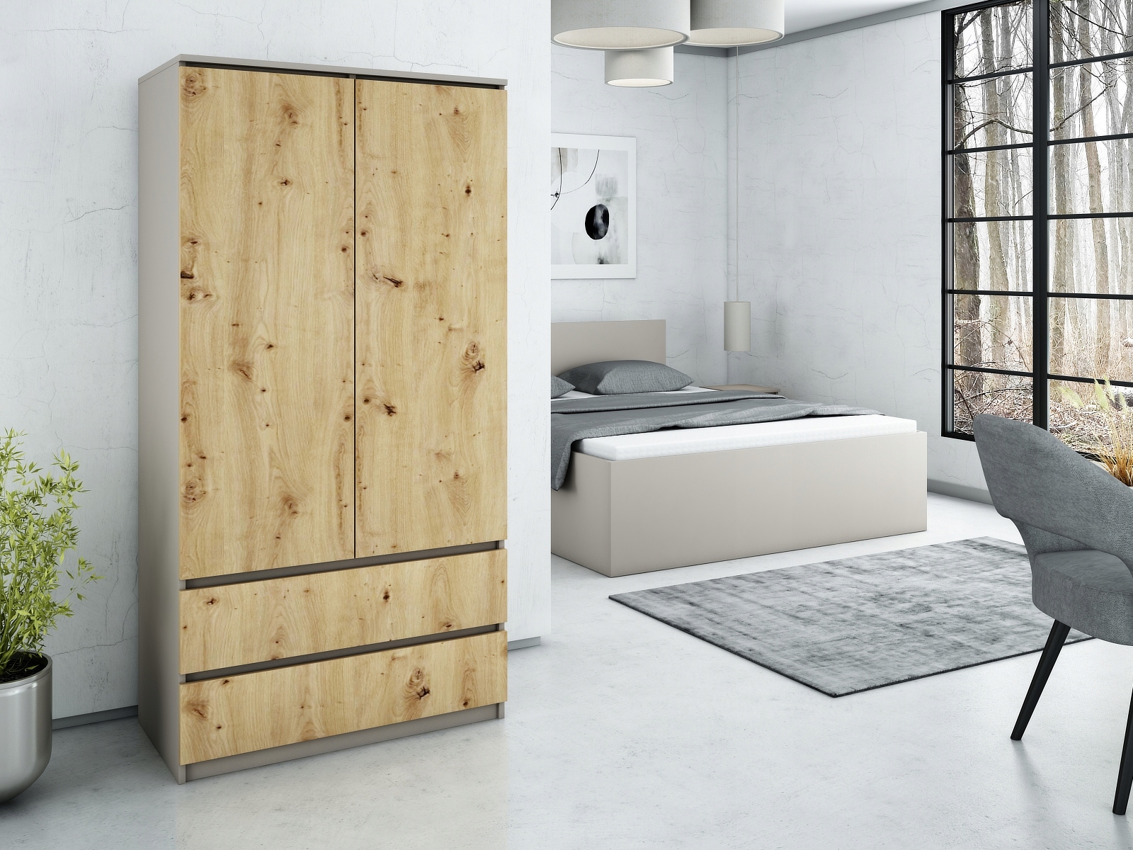 SZAFA DWUDRZWIOWA Z SZUFLADAMI 90 CM DO GARDEROBY, SYPIALNI ANTRACYT/WOTAN Stan opakowania oryginalne