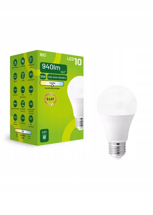 

Żarówka Led A60 E27 230V 10W 70W Neutralna 4000K