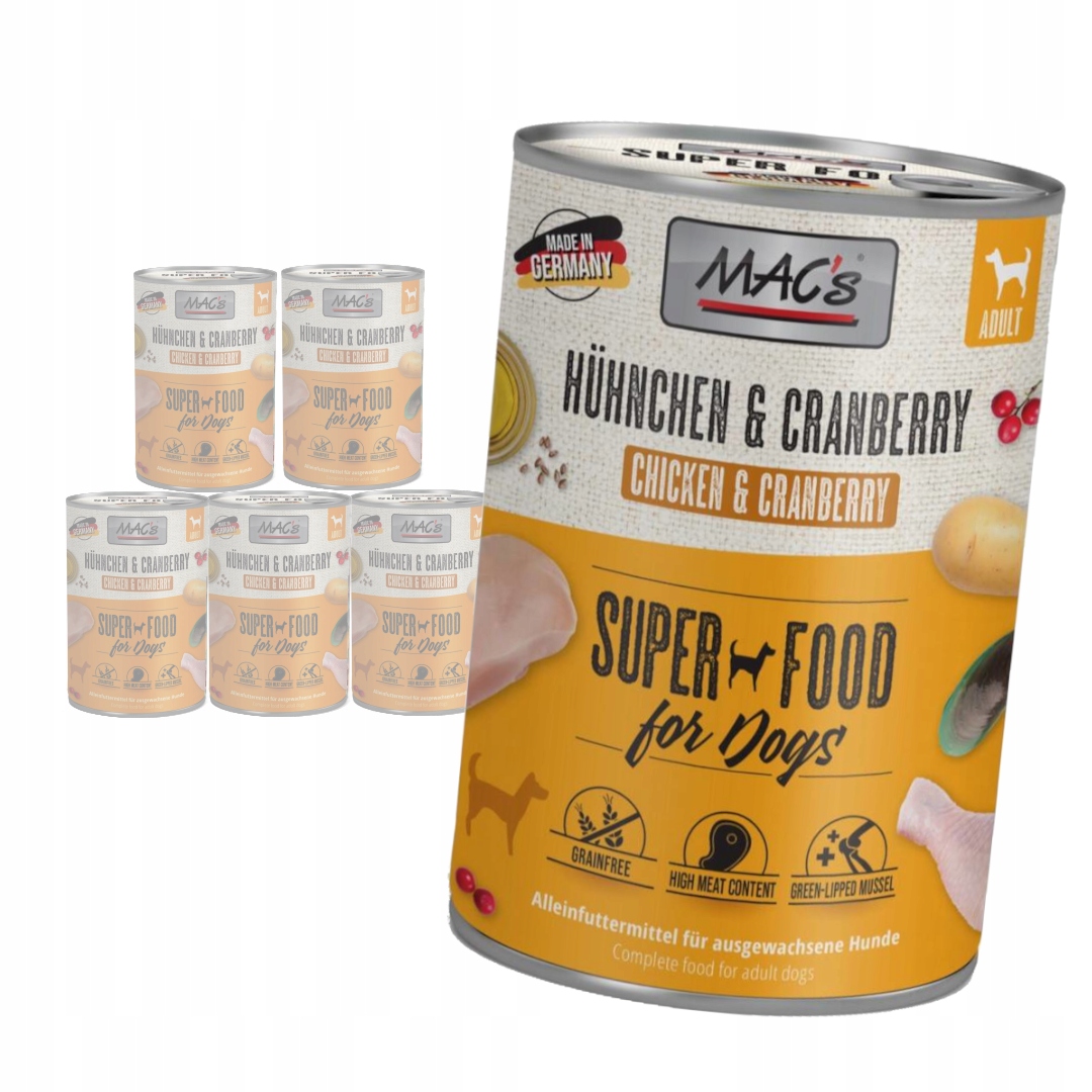 Levně MAC's Dog 6x400g Bezobilné Vlhké Krmivo s kuřecím masem a brusinkami pro psy