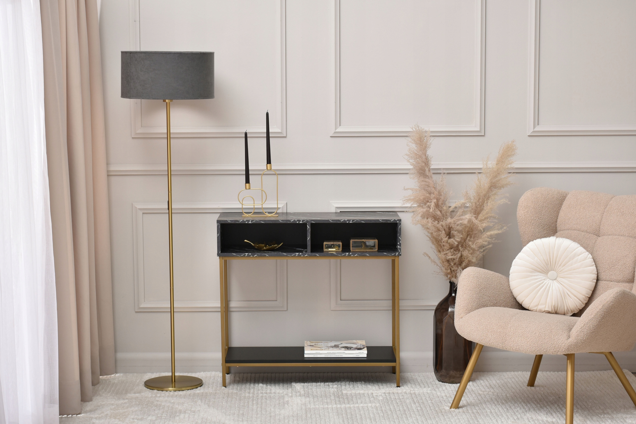 MARMUROWA KONSOLA 80CM FRIDA Z PÓŁKĄ 2 WNĘKAMI ZŁOTE NOGI DO PRZEDPOKOJU Marka Mebel-Partner