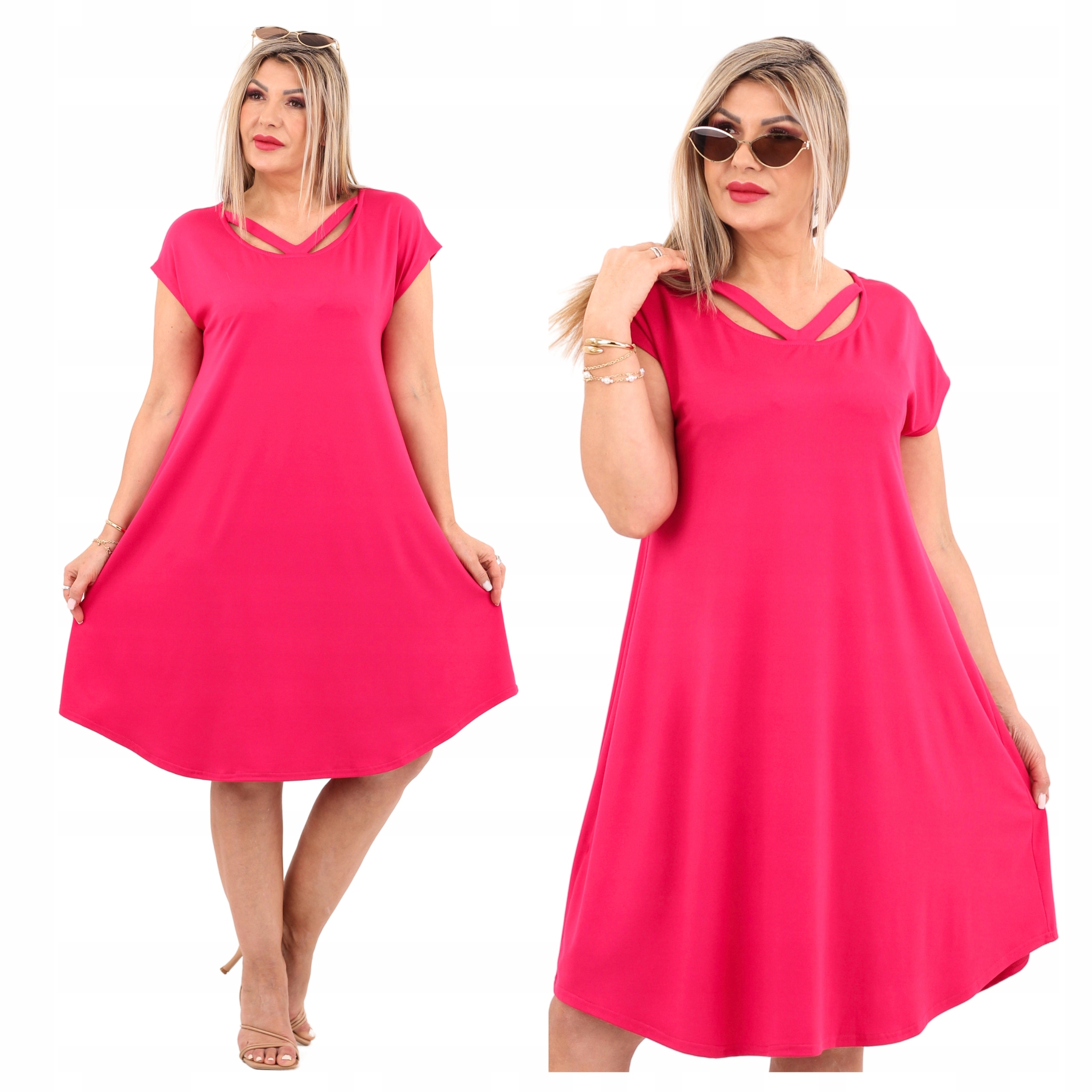 Sukienka na lato zdobiony dekolt Polski Producent duże rozmiary midi luźna