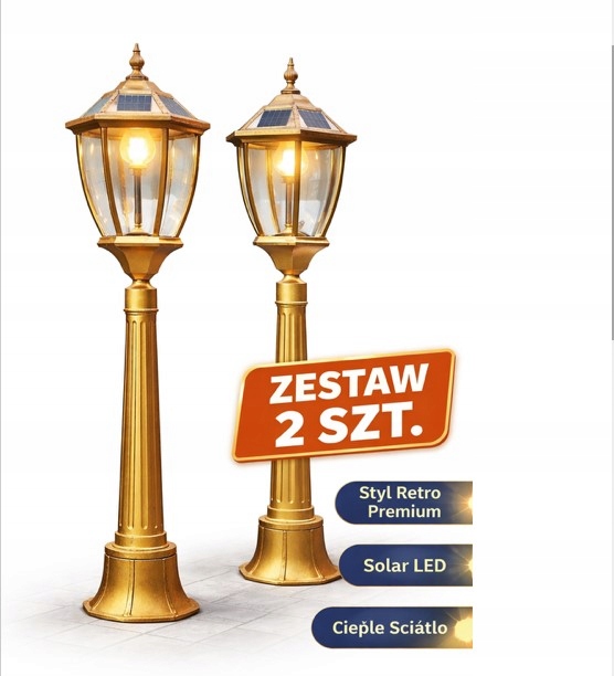 2x Latarnia Retro Złota Solar Led Efekt Premium