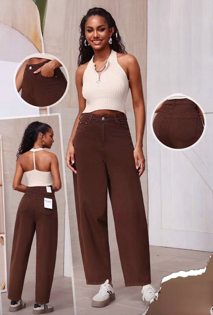 M.sara Balloon Dámské Džíny Hnědé Čokoládové Vysoké Kalhoty 44