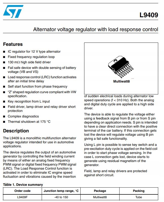 Regulator napięcia 8-pin MULTIWATT L9409F Producent STMicroelectronics
