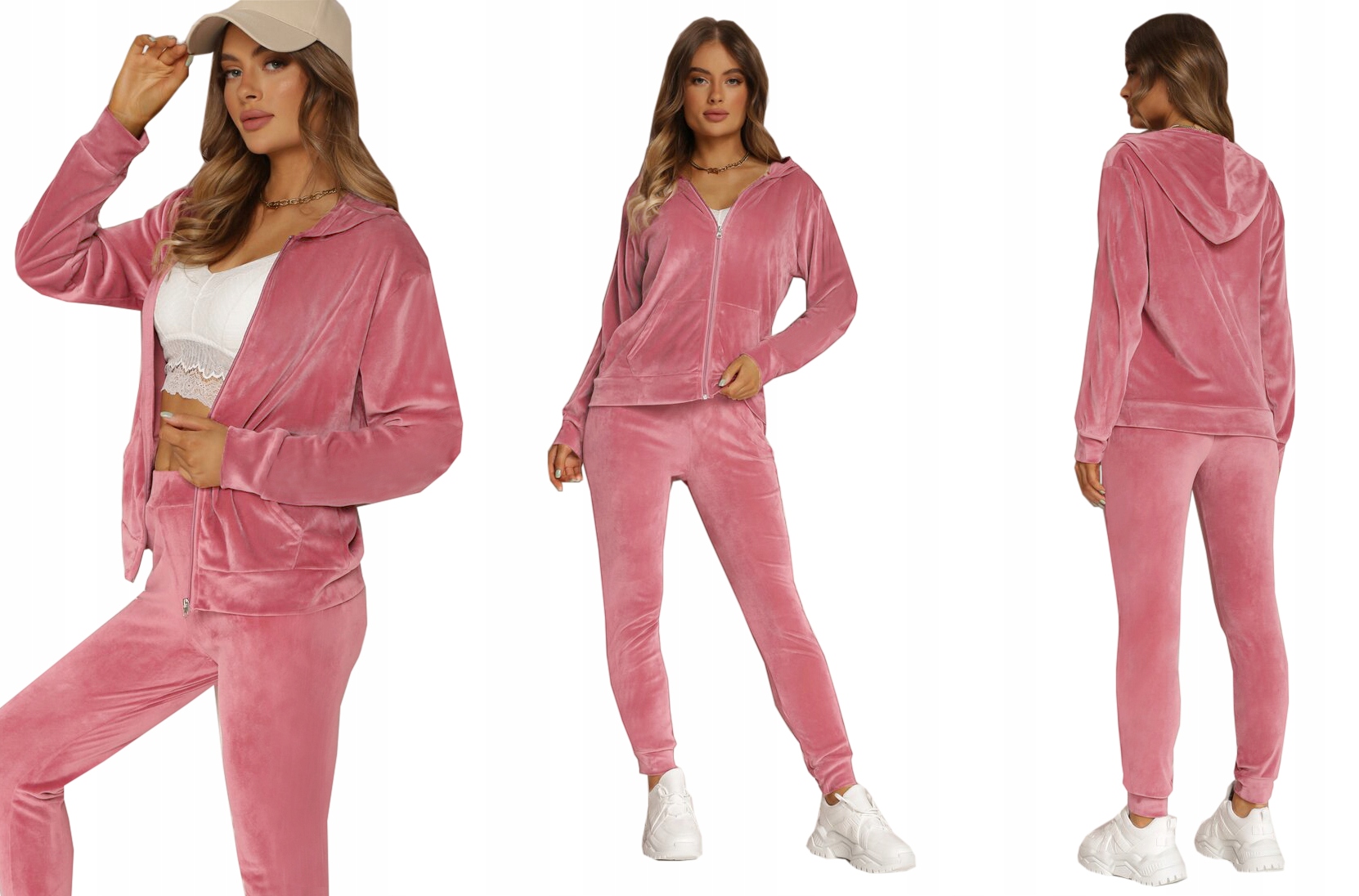 Dres damski welurowy Rozpinany komplet Welur bluza kaptur 9135 d.pink 3XL