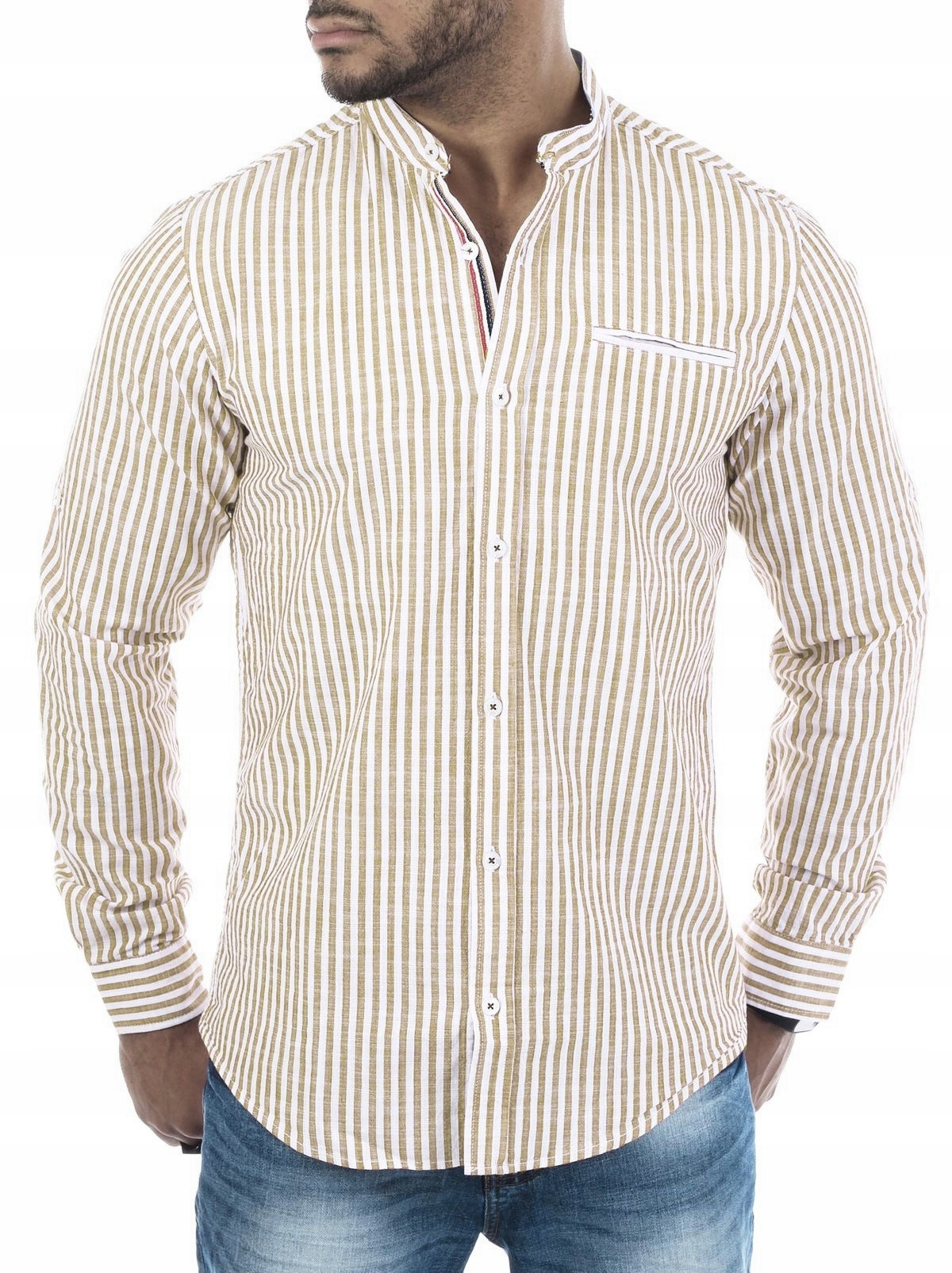 Prodyšná Pánská Lněná Košile Len S Béžovými Pruhy L