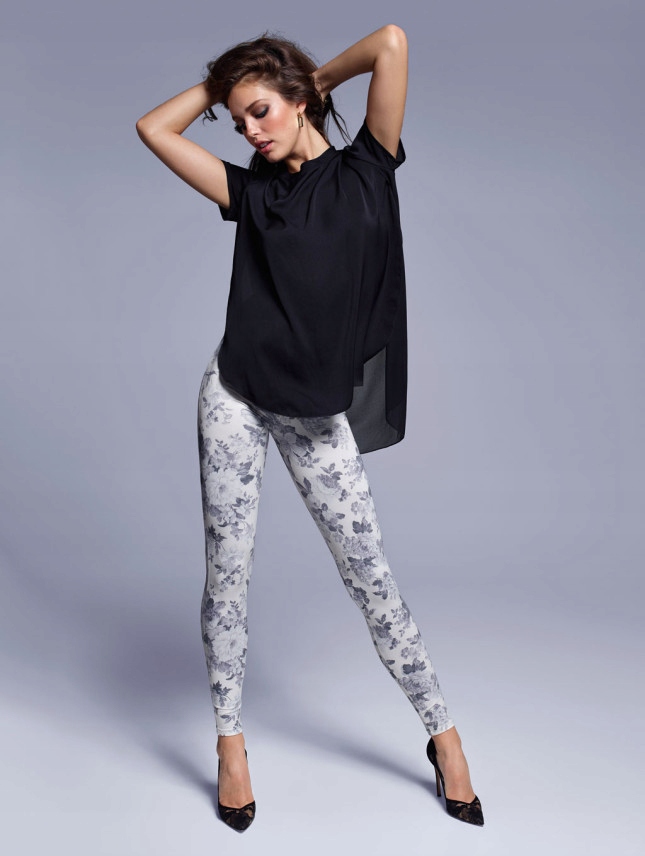 CALZEDONIA legginsy getry cienkie SZARE BIAŁE KWIATY MOTYLE wzory M/38 Rodzaj klasyczne