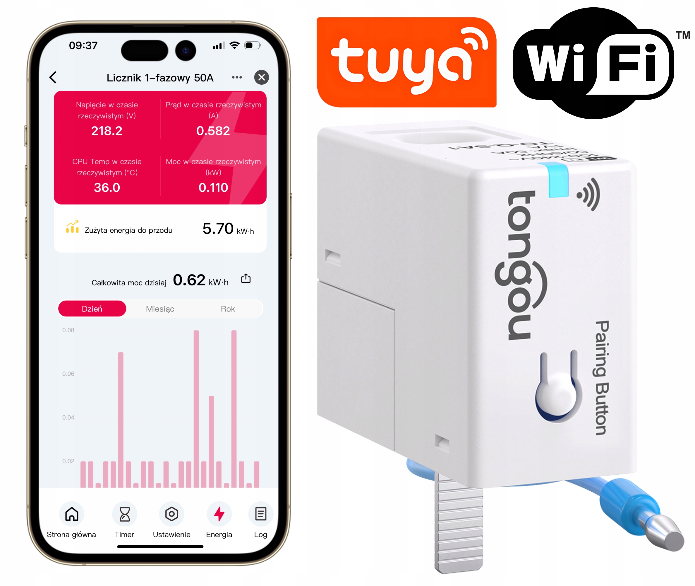 Licznik energii prądu mocy 1-fazowy przekładnik 50A WiFi Tuya Smart Life