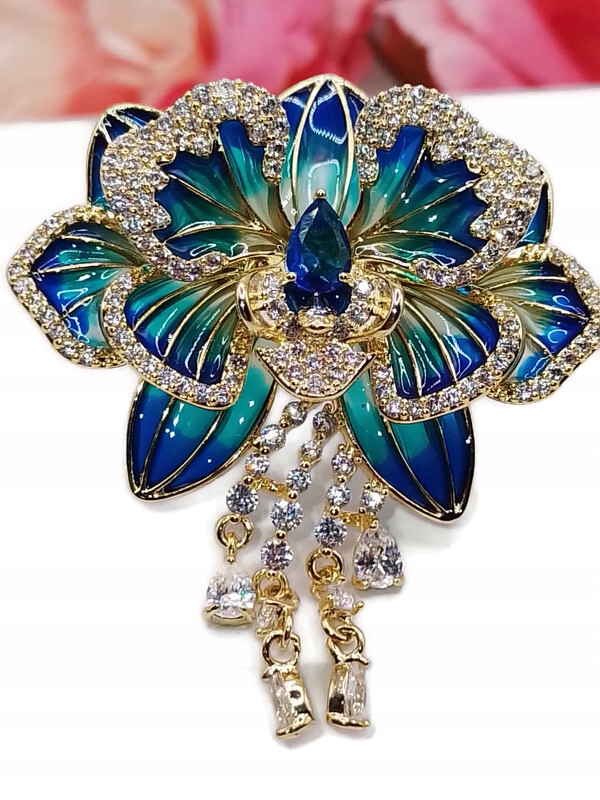 Luxusní Brož Květina Orchidej Vitráž Zlatá 14K Gp +krabička Jako Dárek