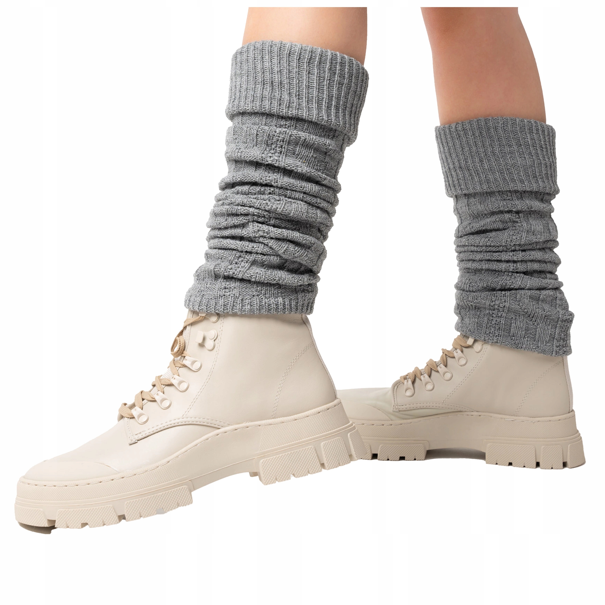 PODKOLANÓWKI DAMSKIE getry wełniane OCIEPLACZE Warkocz szare Steven