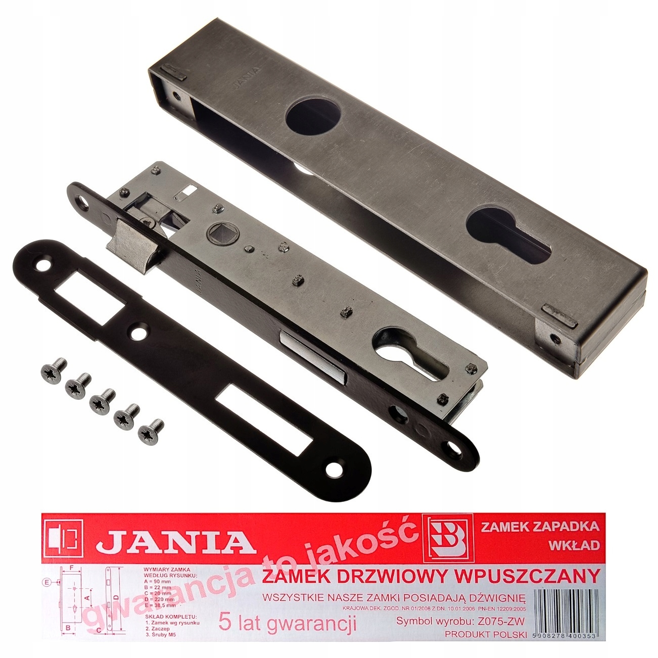 

zamek Z075 wąski Jania 90/22 puszka Z250, kaseta