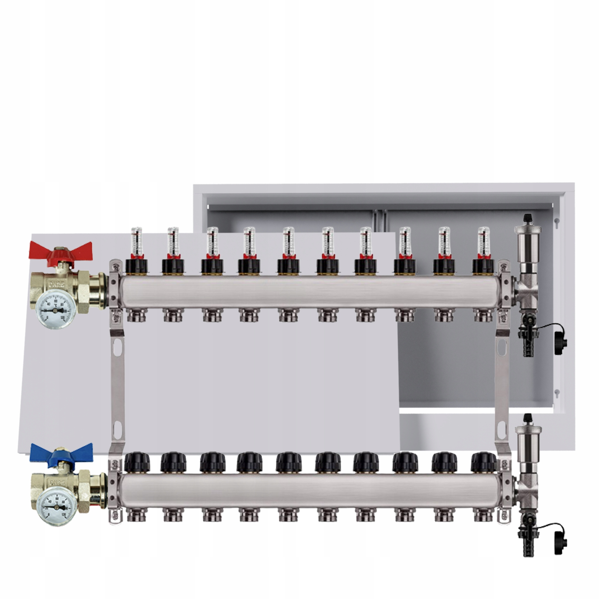 Nerezový rozdělovač podlahových krytin 10 okruhů nástěnná skříňka ventily