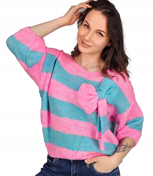 Dámský svetr s širokými pruhy zdobený velkou mašlí Viviene unisize