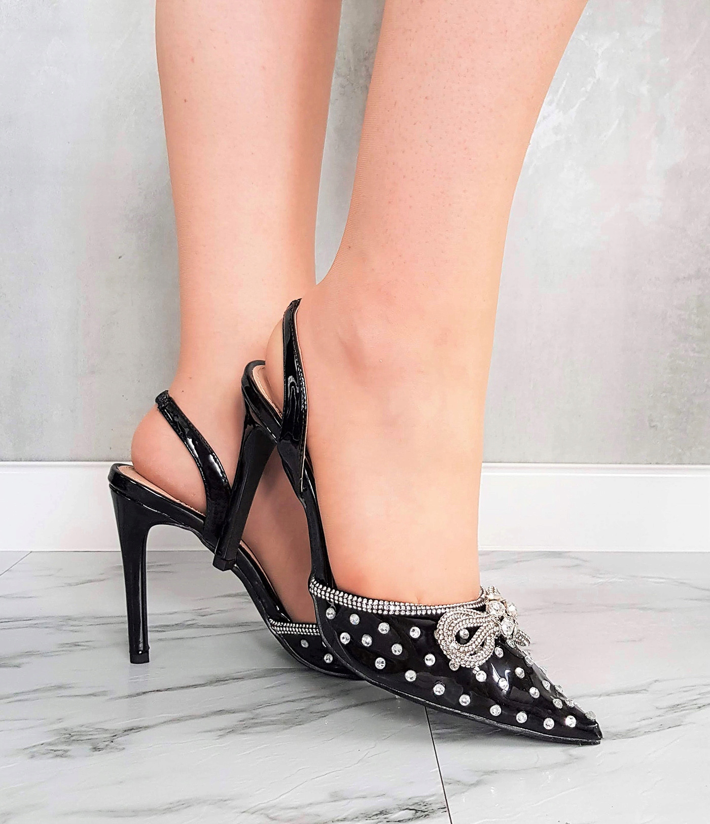 CZARNE CZÓŁENKA BUTY SZPILKI GLAMOUR DUŻE CYRKONIE 40 Rozmiar 40