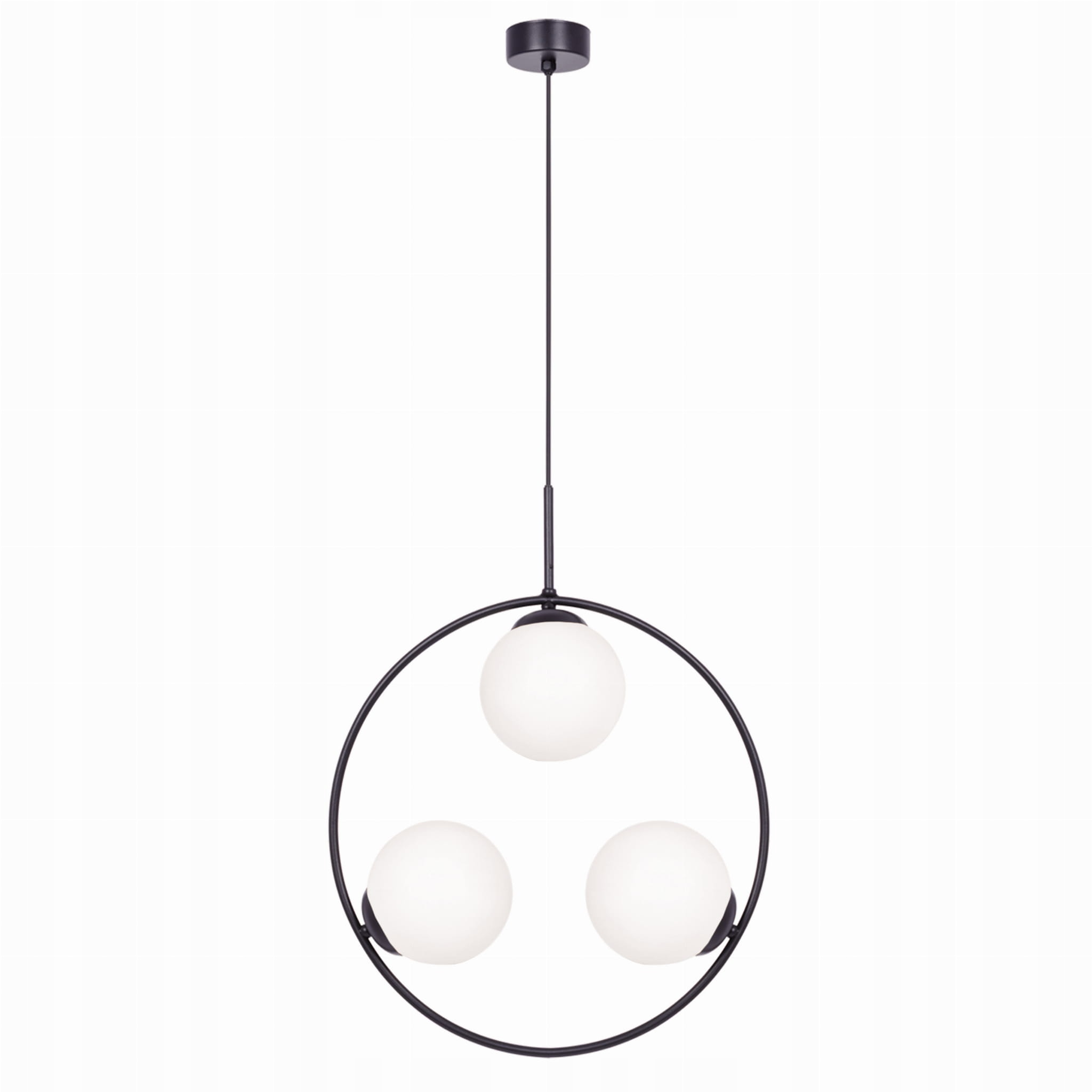 Závesná lampa čierna okrúhla trojitá, sklenené biele gule do obývačky Kaja