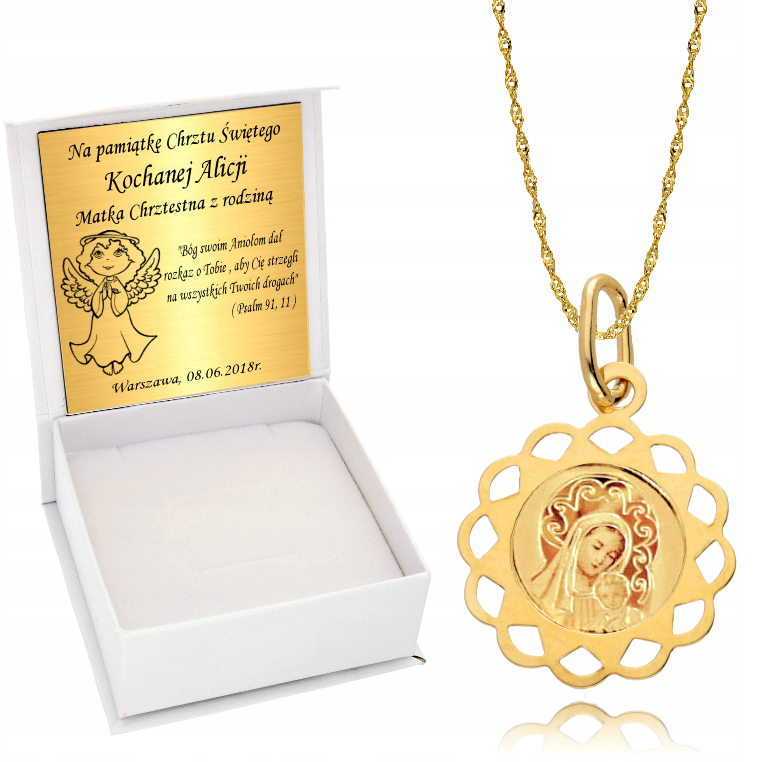 Złoty Łańcuszek z Medalikiem 585 Komunia Grawer