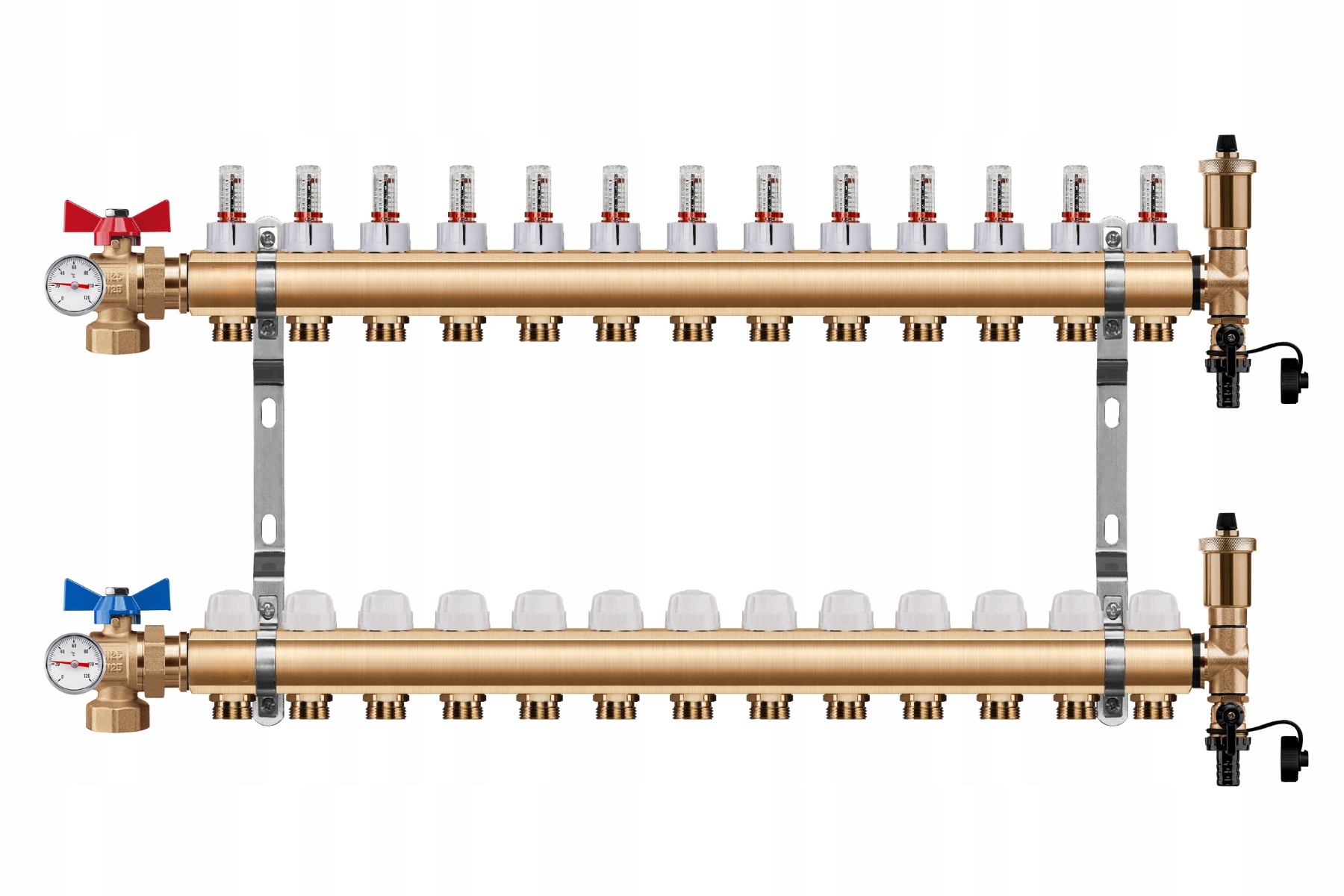 Rozdělovač Podlahy 13 Okruhů Úhlový Kulový Ventil Teploměr Pex