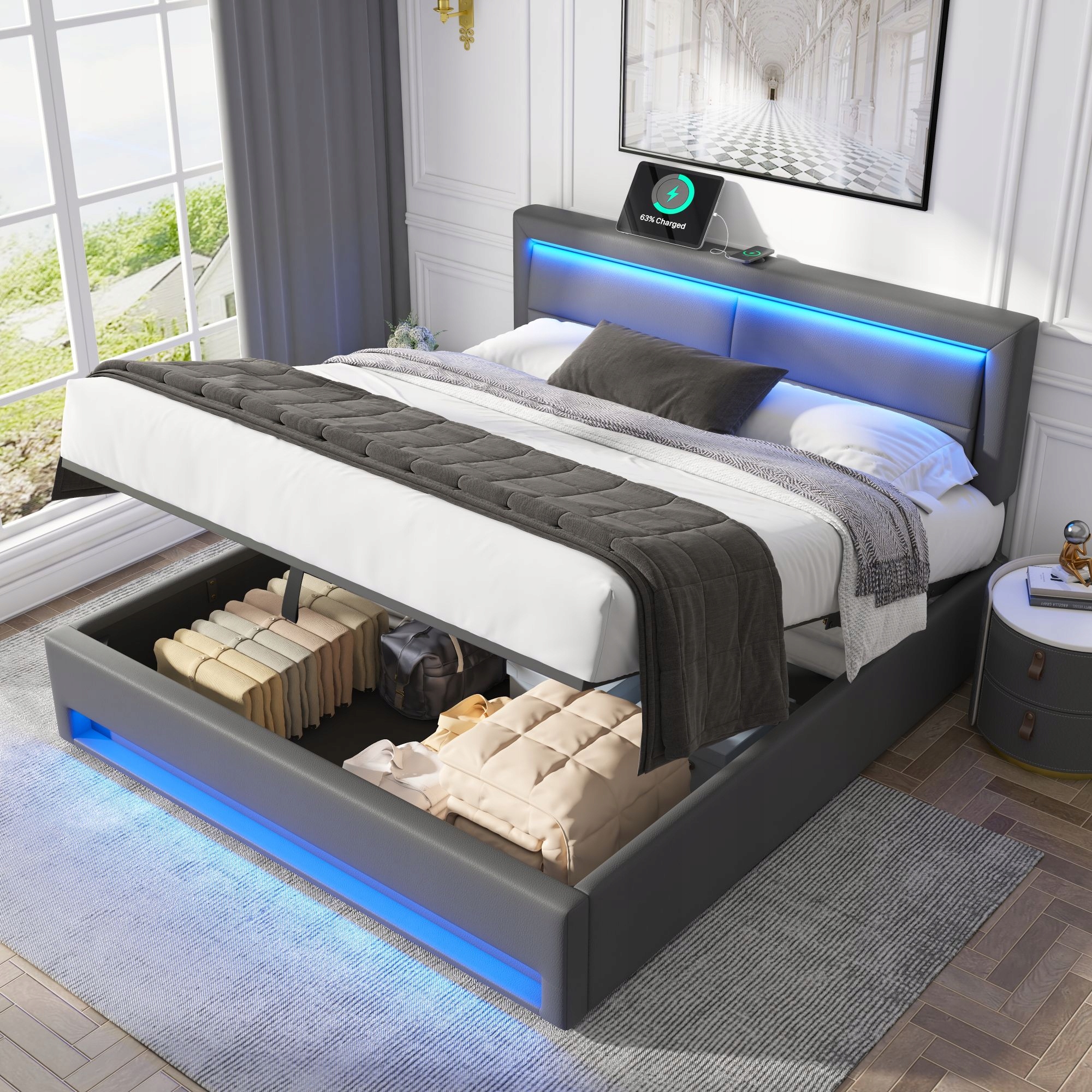 Čalouněná postel Dvojlůžko 140 x 190 cm Led skladování Usb Pu šedá