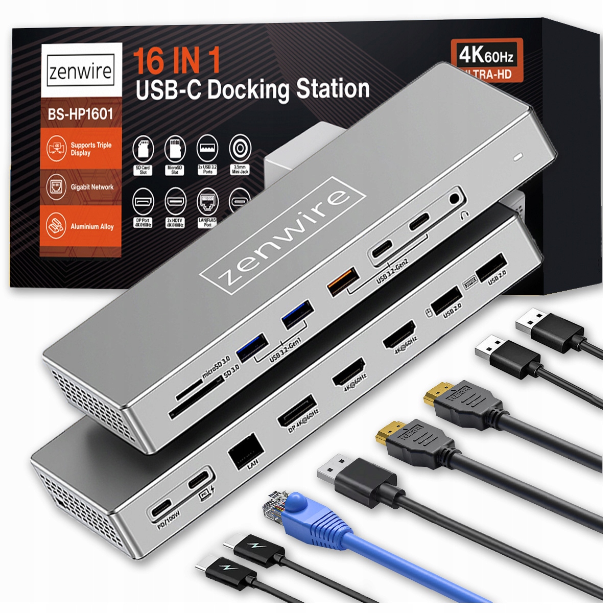 Stacja Dokująca Hub Usb-c 16w1 2x Hdmi 4K 60Hz Display Port 1.4 Usb Sd Jack