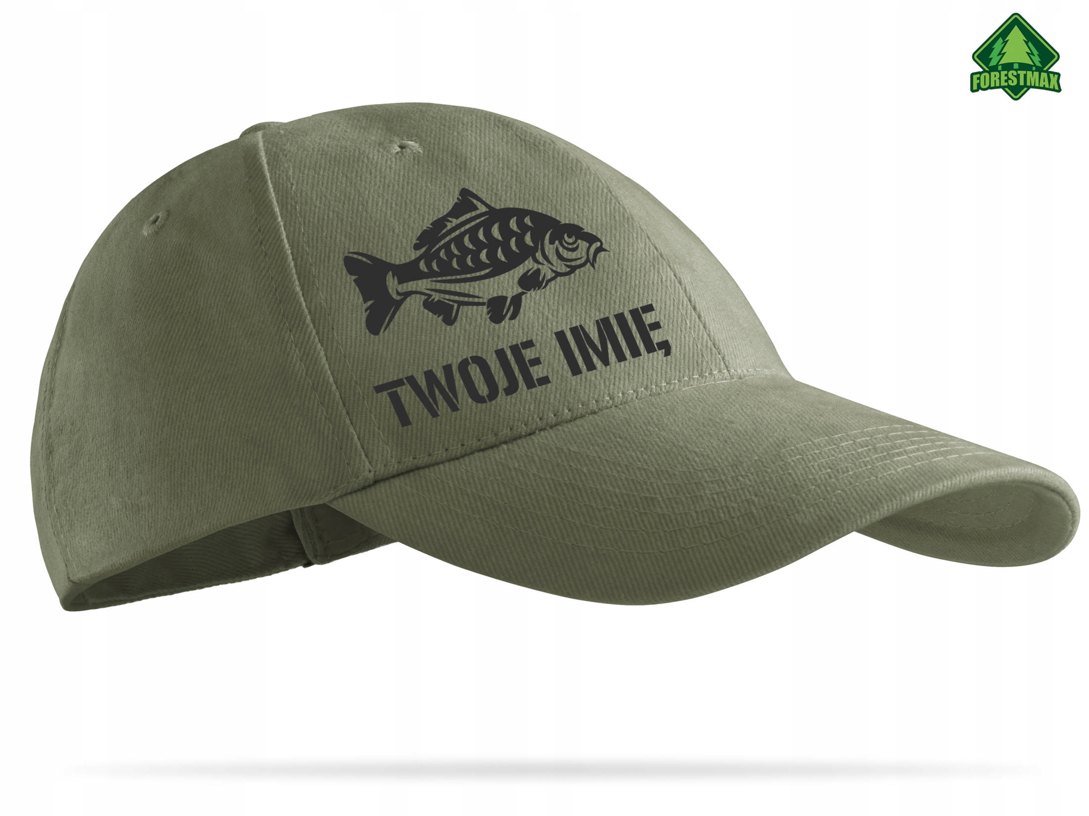 Czapka wędkarska khaki KARP + TWÓJ NAPIS - prezent Marka ForestMAX