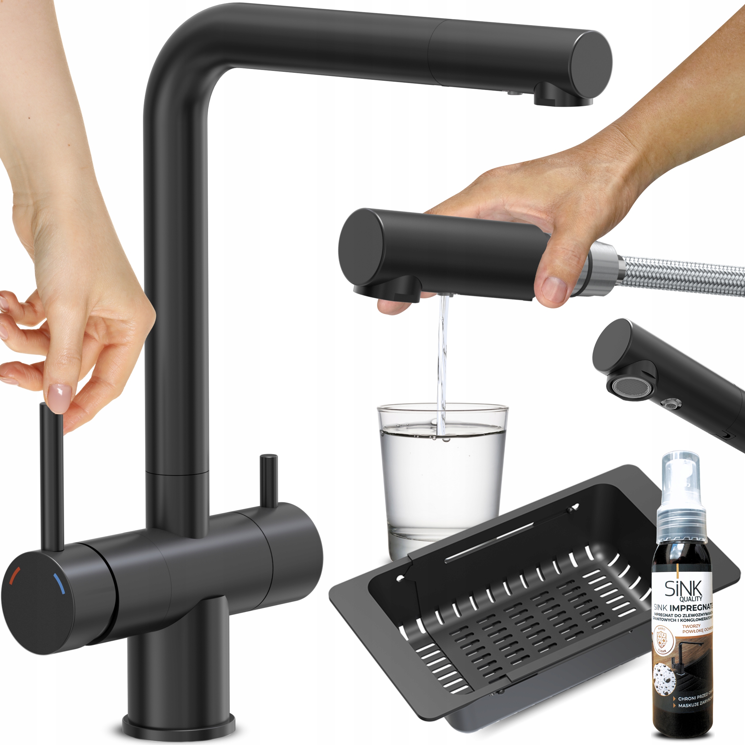 Kuchynská Batéria Trojcestná, Čierna S Výsuvným Výtokom, Dvojpáková