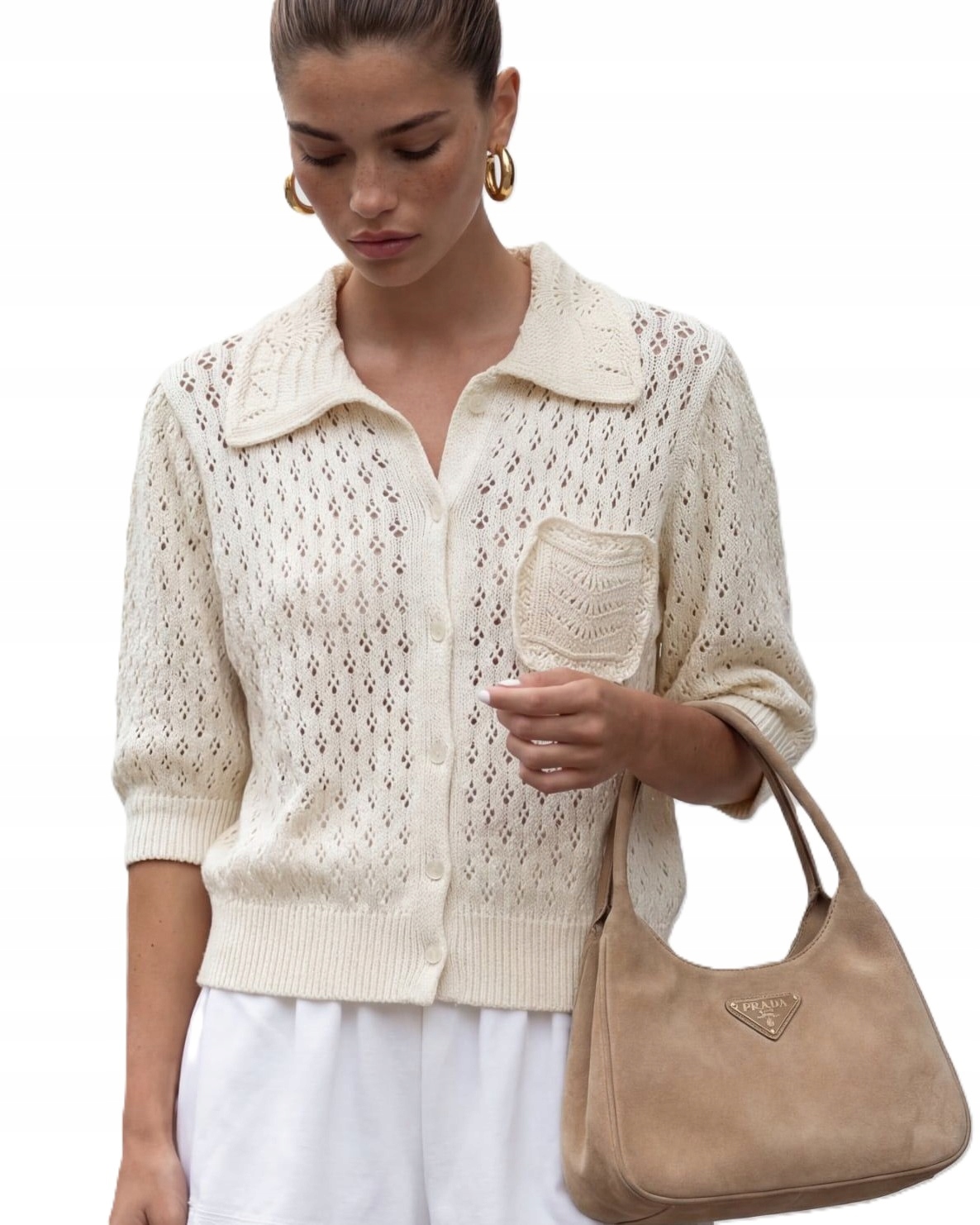 Cocomore Yarn Ažurový svetr Kardigan na Knoflíky Kapsa Krémová Béžová Uni New