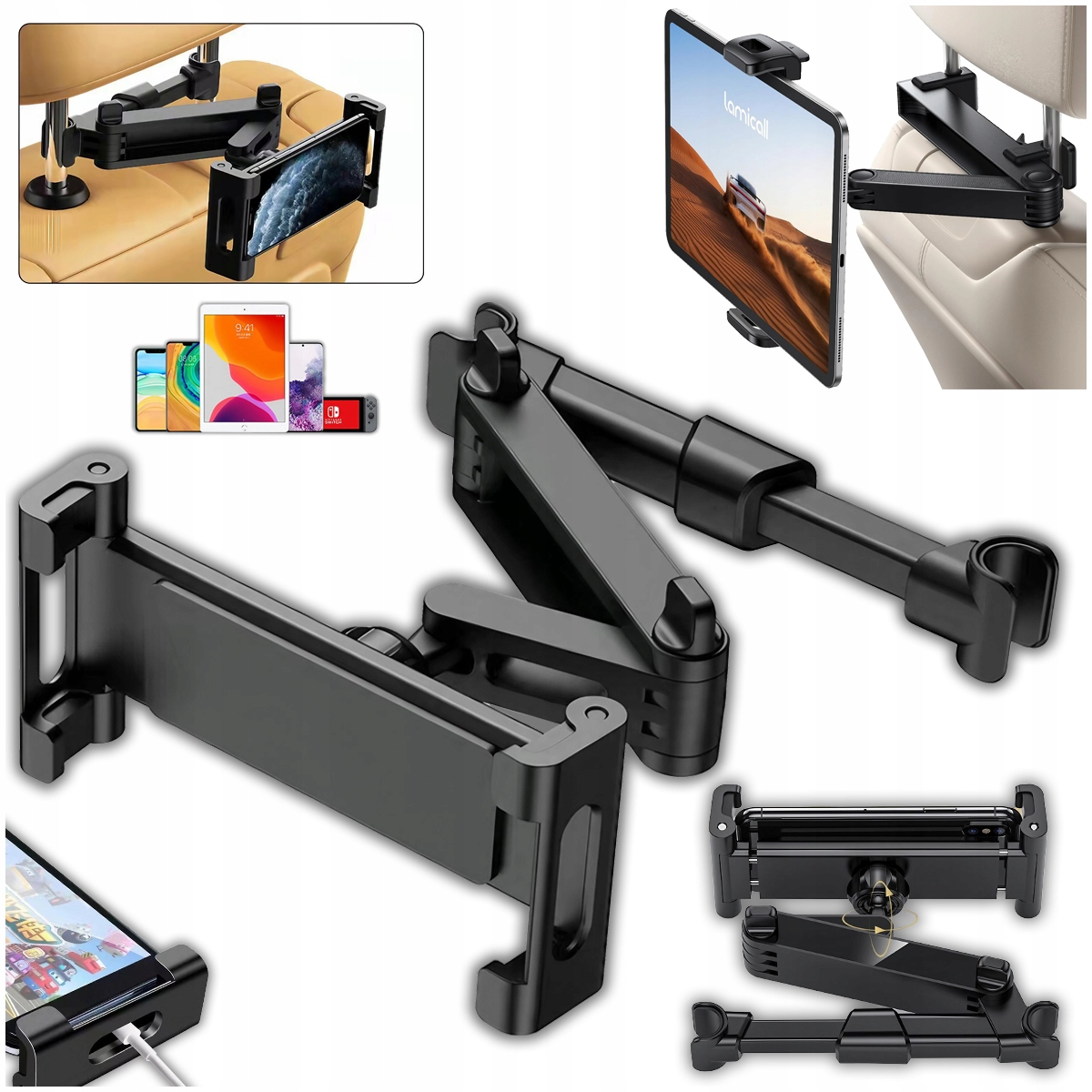 Uchwyt Do Samochodu Na Telefon Tablet na Zagłówek Regulowany Wytrzymały 360