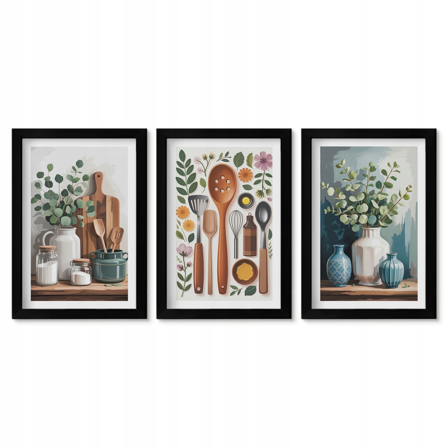 Sada 3 obrazů Triptych Moderní kuchyňská dekorace Rostlinné doplňky