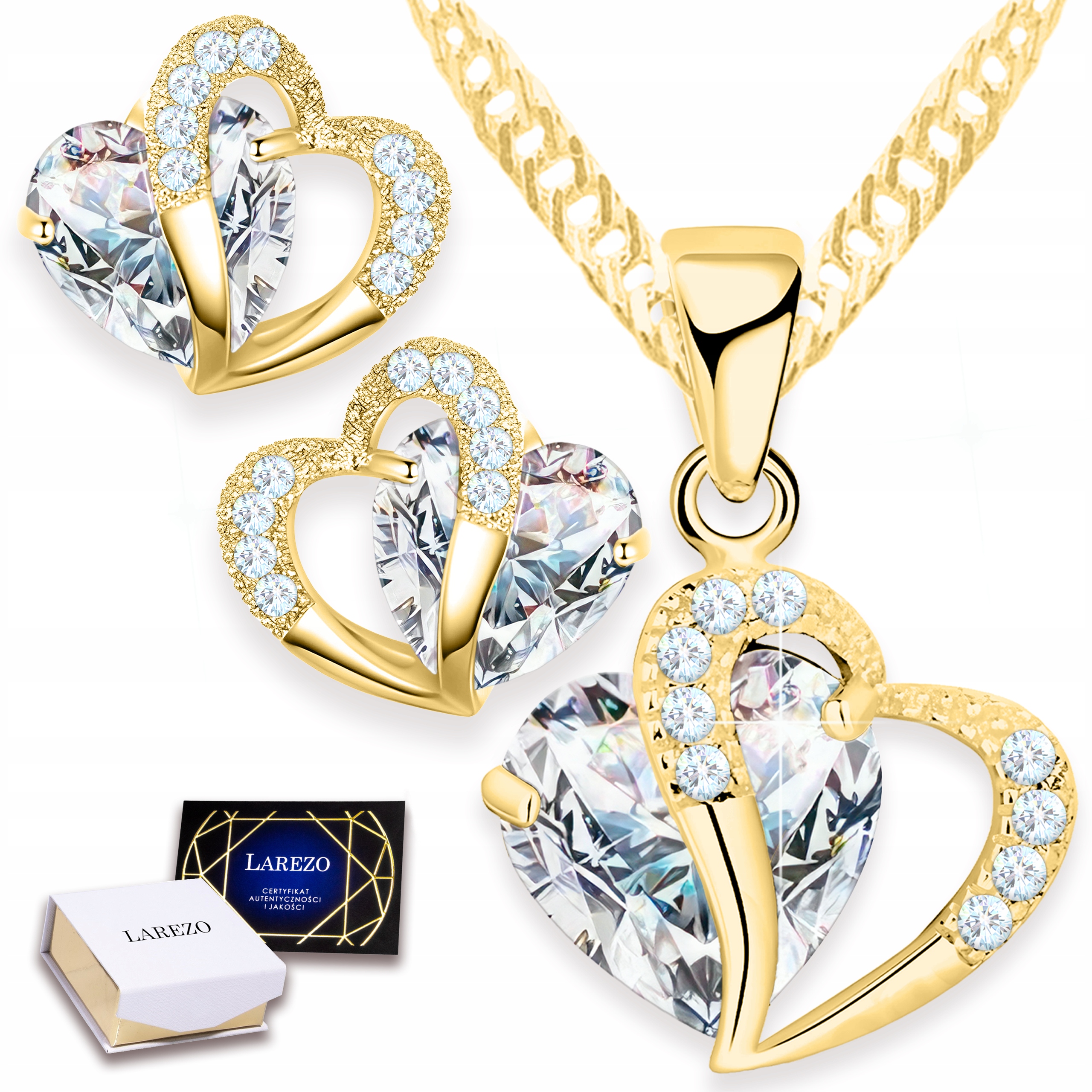 Sada Zlatých Šperků 925: Náhrdelník a Náušnice s Bílými Křišťálovými Srdíčky