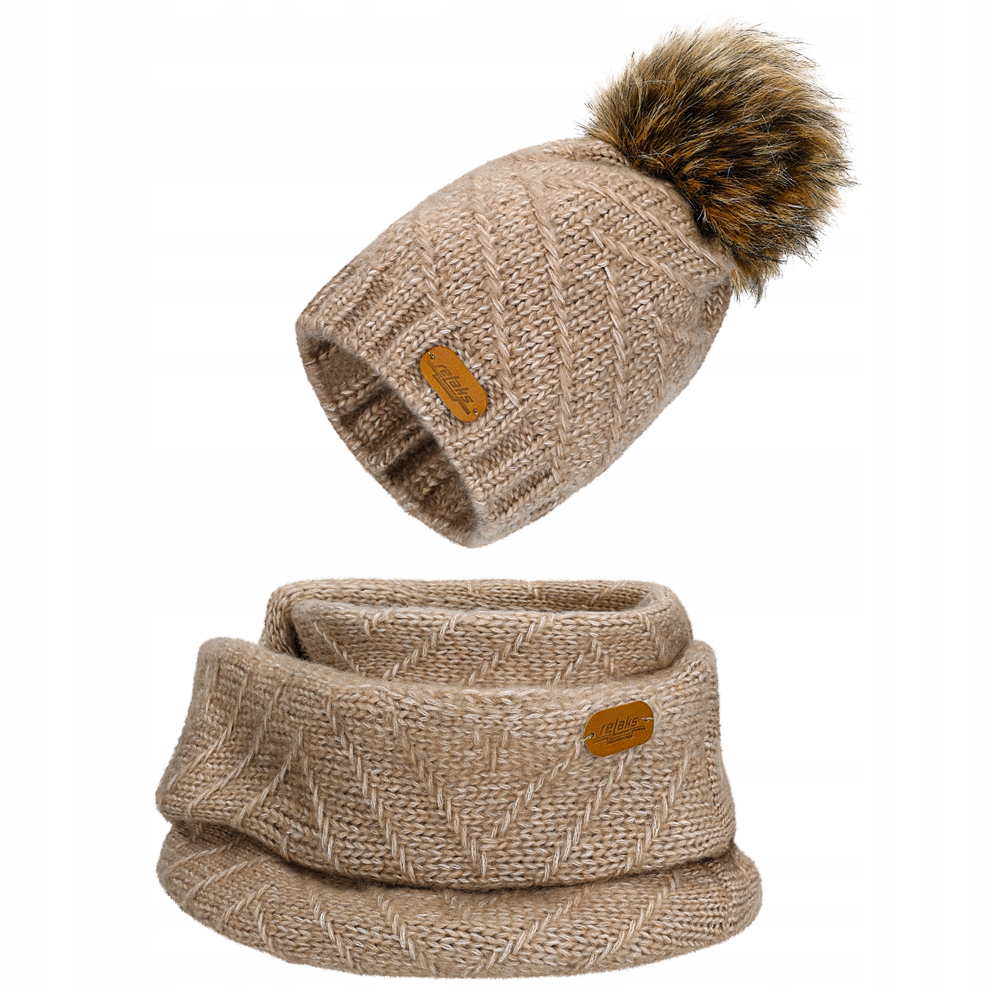 Čepice Šála Nákrčník Merino Vlna teplý Set Béžová Relaks