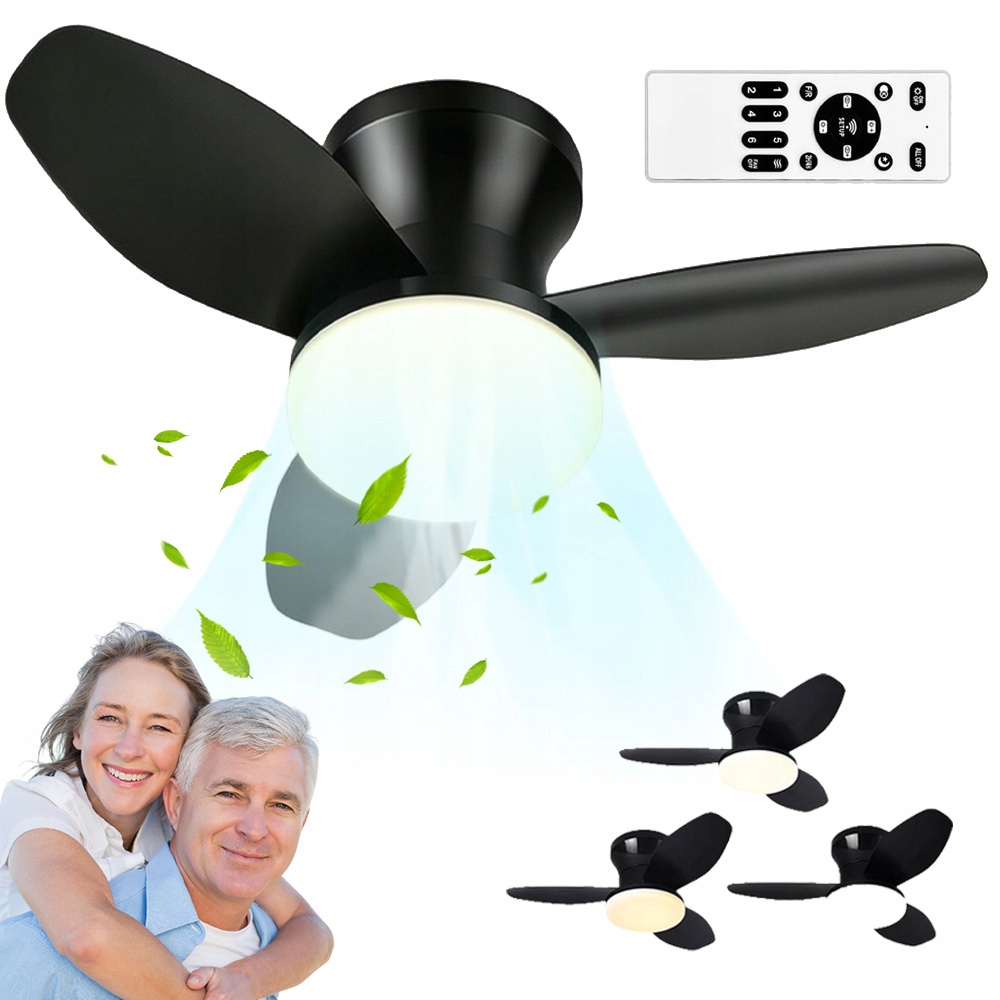 Lampa sufitowa Led z wentylatorem 3 łopatki 6 prędkości pilot czarna