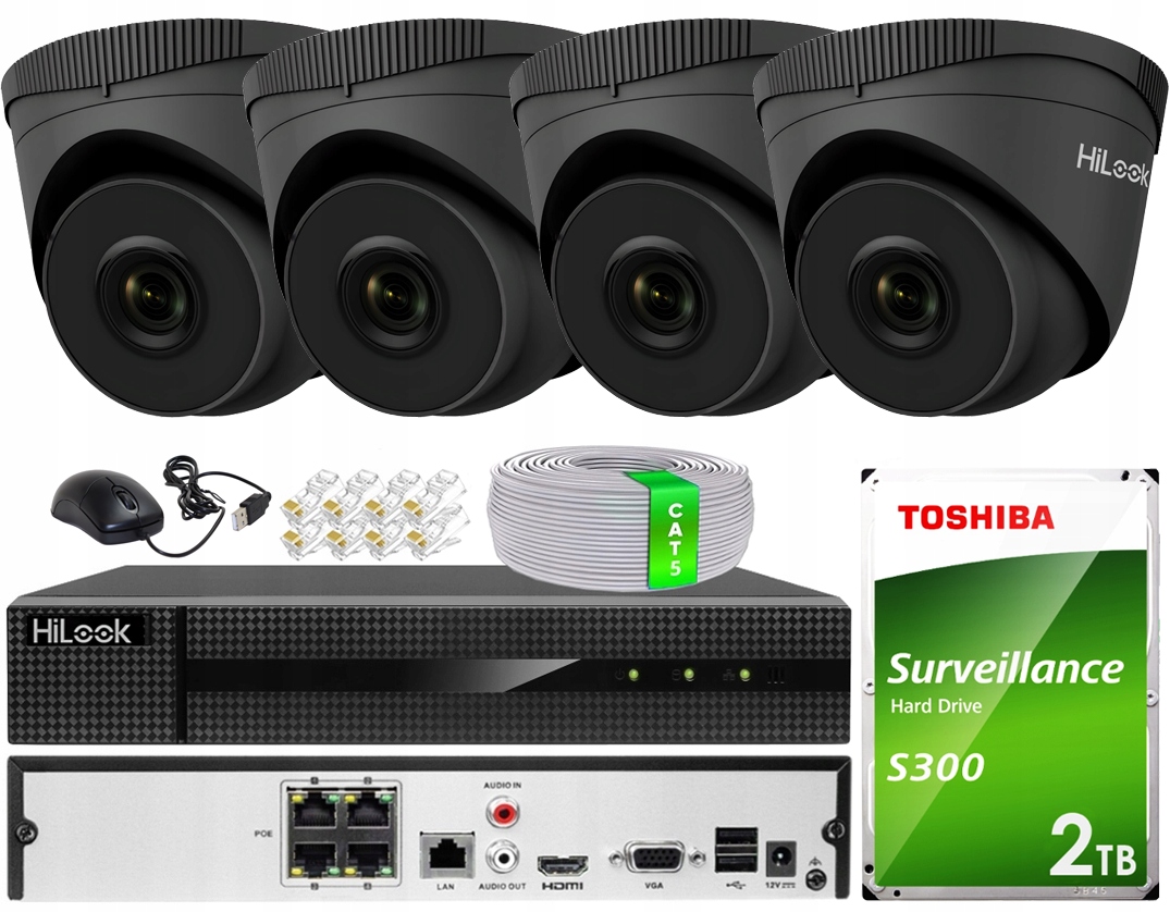 Sada pro monitorování Ip 5Mpx 4 kamery IPCAM-T5 Black PoE 2TB disk