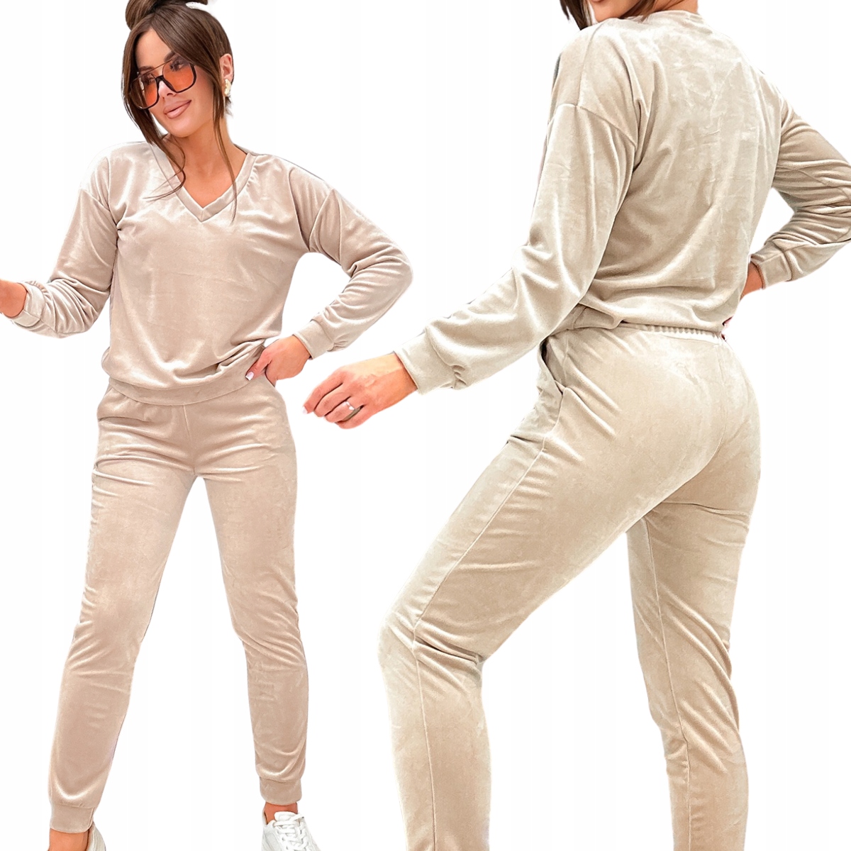 Teplákovka dámský velurový komplet klasický jednoduchý střih béžový 555 L