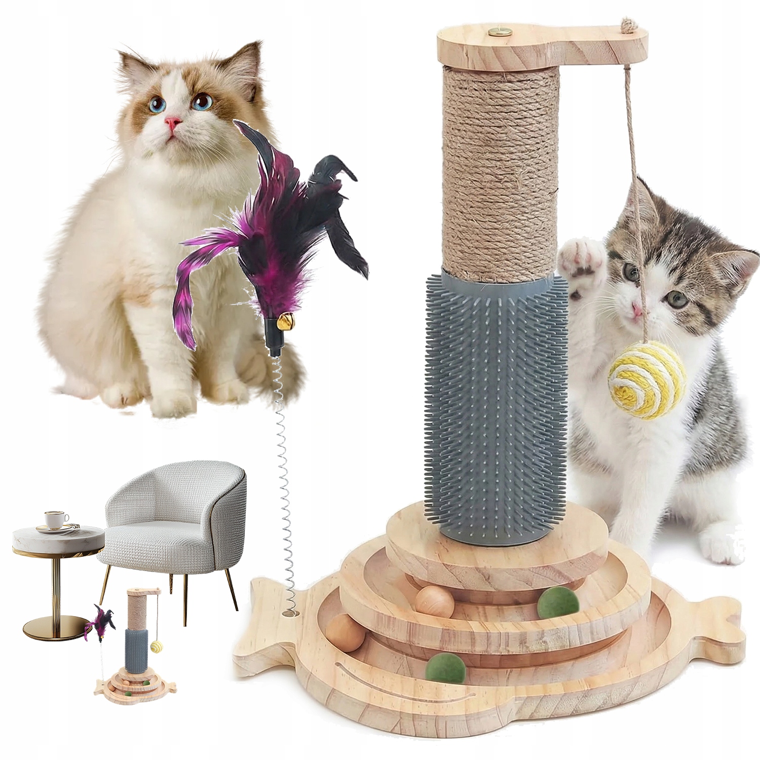 Levně Dřevěné Hračky Pro Kočky S Kuličkami A Stabilní Základnou Z Ručky