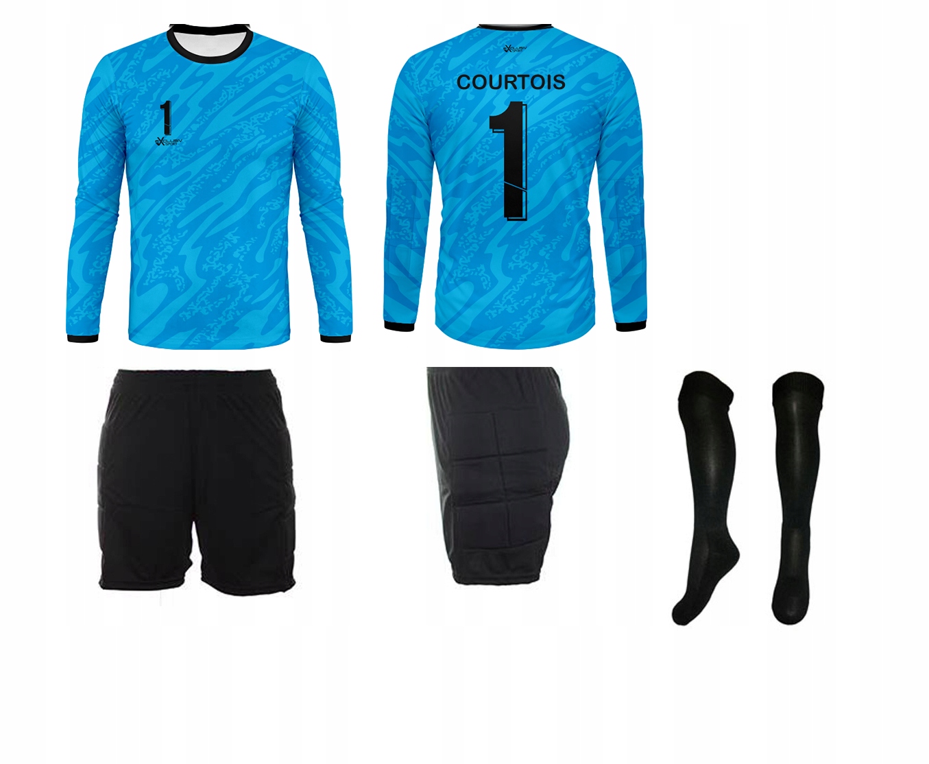 Brankářský fotbalový oblek Courtois pro děti, tričko, kraťasy, štulpny 146