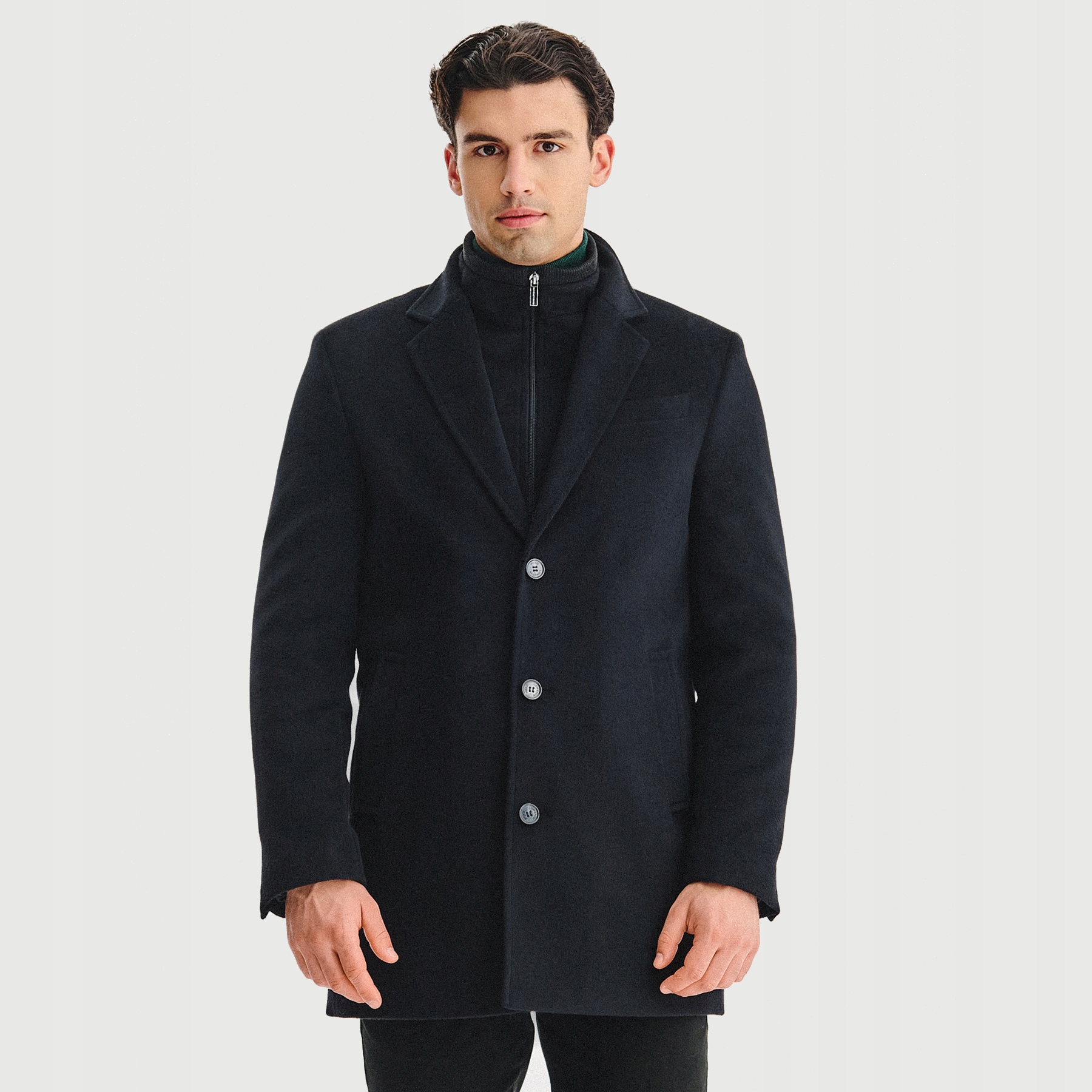 Černý pánský kabát s vlnou a odnímatelným stojáčkem Pako Lorente, velikost vel