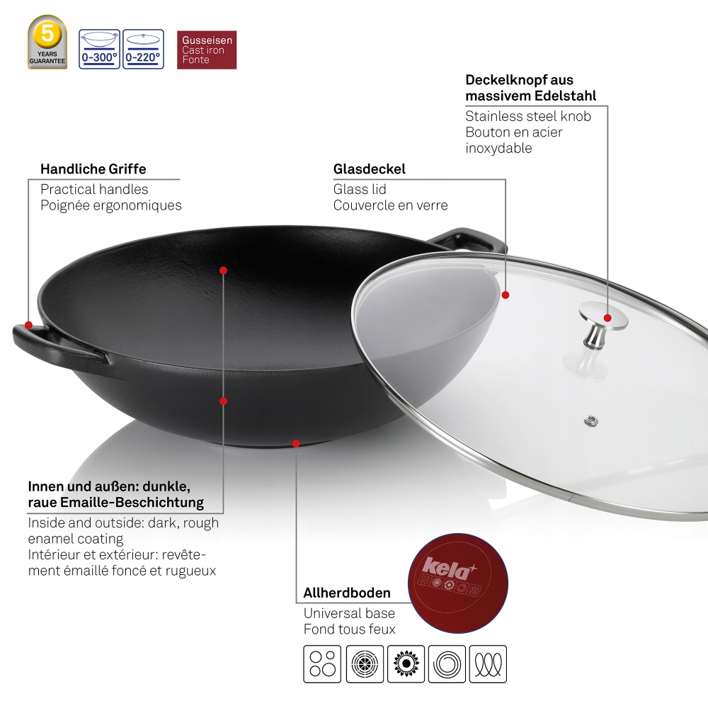 PATELNIA WOK żeliwny INDUKCJA z pokrywką KELA 36cm Waga produktu z opakowaniem jednostkowym 6.5 kg