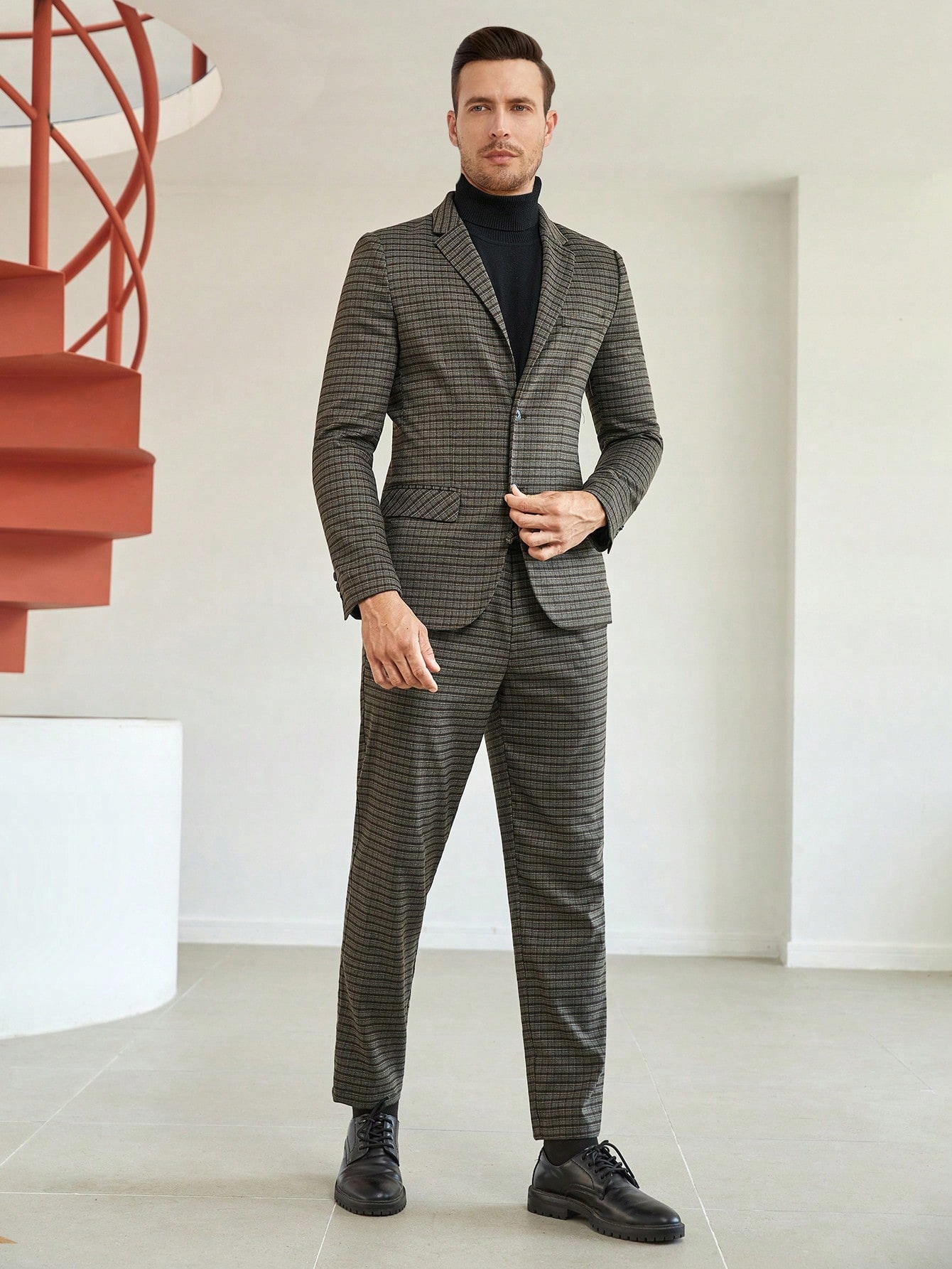 Pánský Kostkovaný Jednořadý Obchodní Oblek, Stylový, Módní Shein M