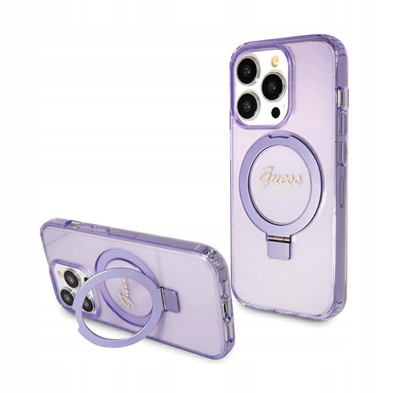 Guess Ring Stand Script Glitter MagSafe puzdro na iPhone 15 Pro (fialové)