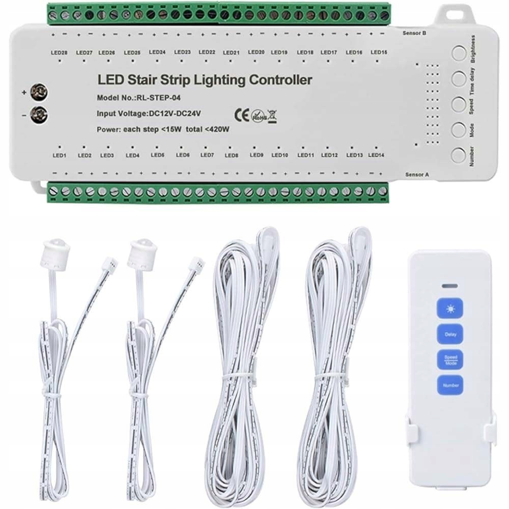 Schodišťový ovladač pro osvětlení až 28 schodů Led s senzory dálkový ovladač
