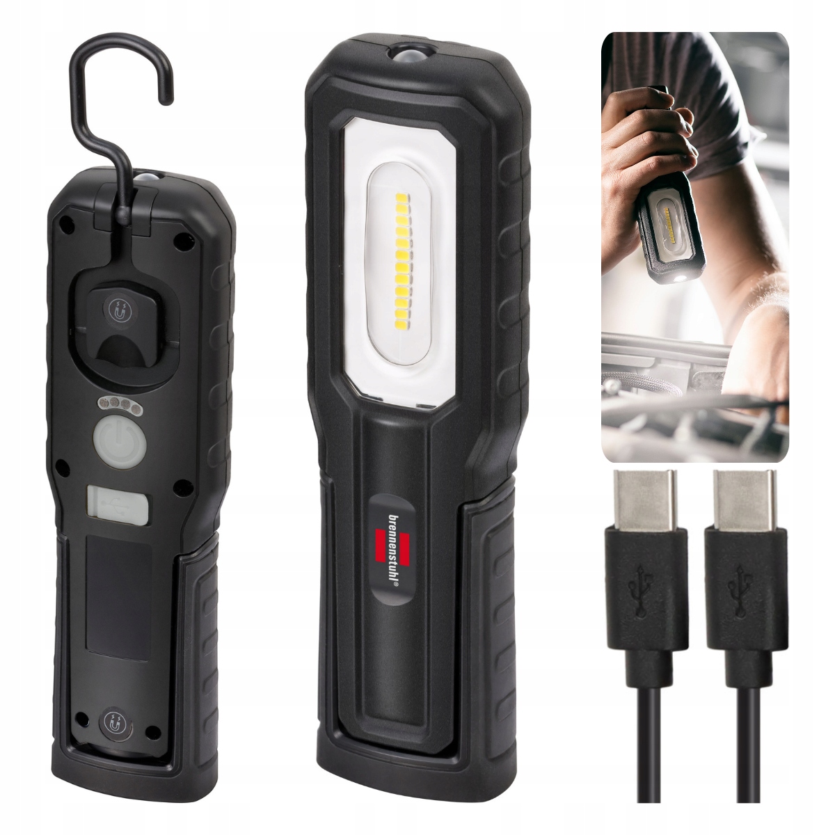 Poręczna lampa warsztatowa Led 700lm, akumulator, hak 360°, Usb-c, IP54