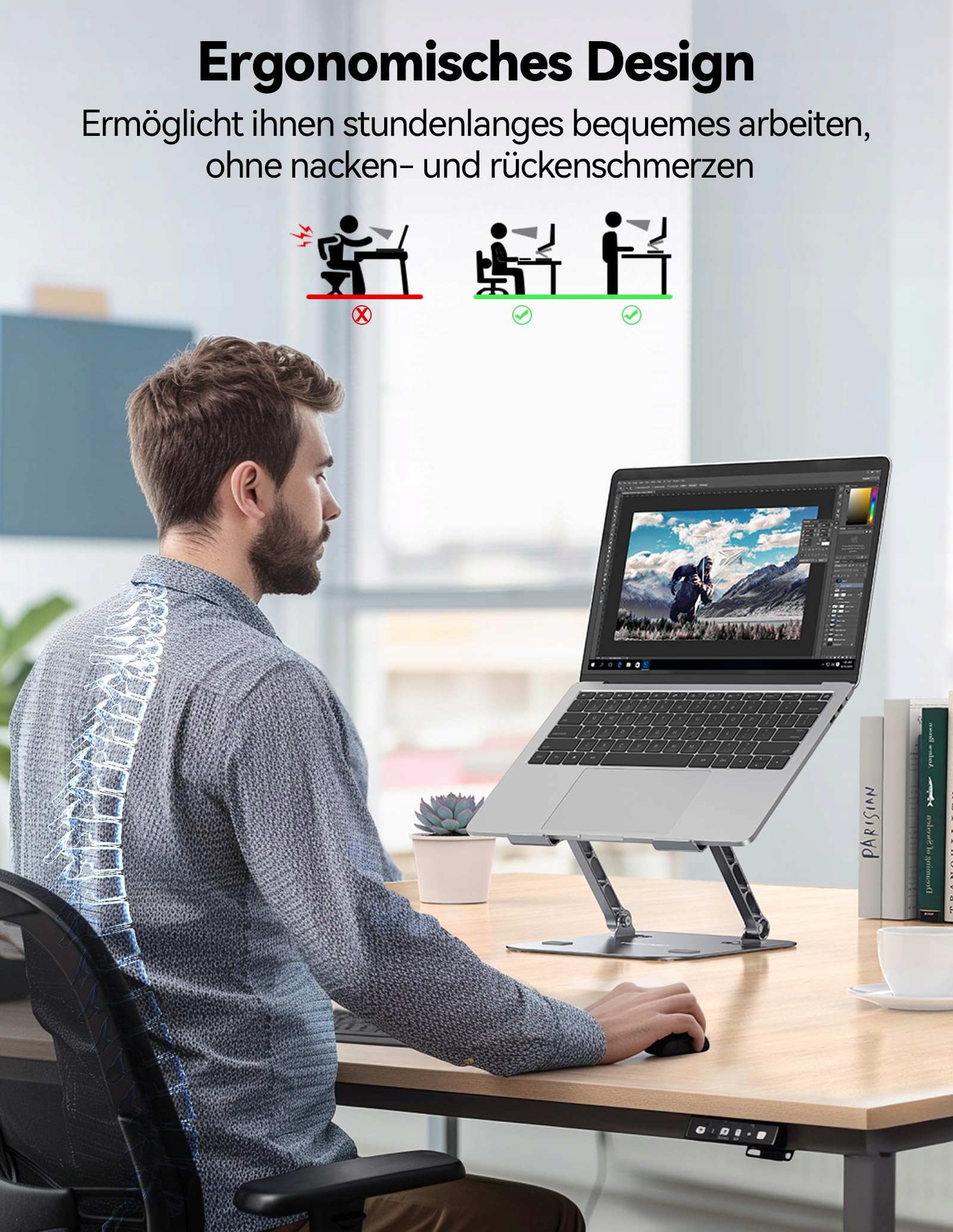 TECKNET REGULOWANY STOJAK NA LAPTOPA ERGONOMICZNY PRZENOŚNY SZARY — miniatura 2
