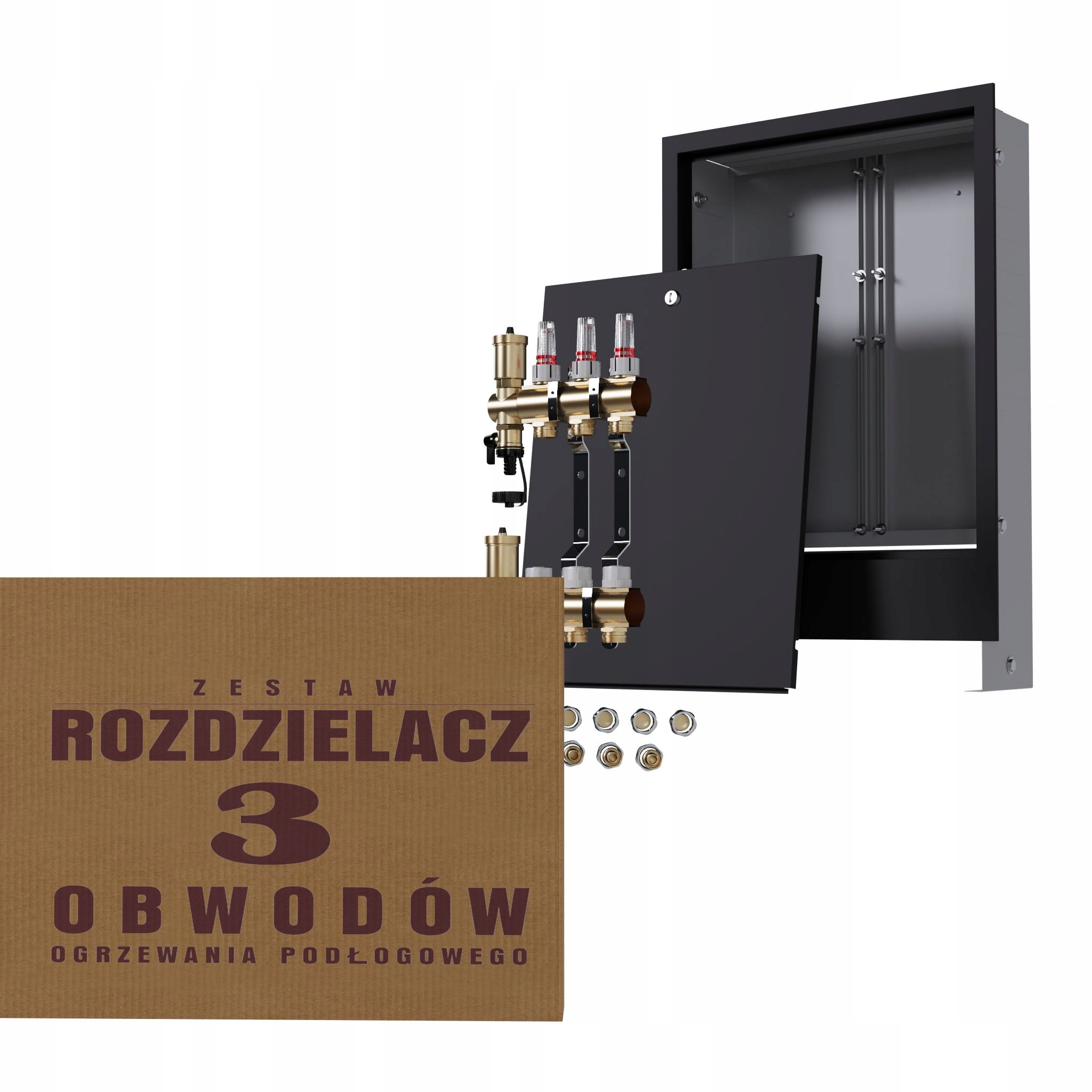 Mosazný rozdělovač pro podlahovku, 3 okruhy černá skříňka Pex