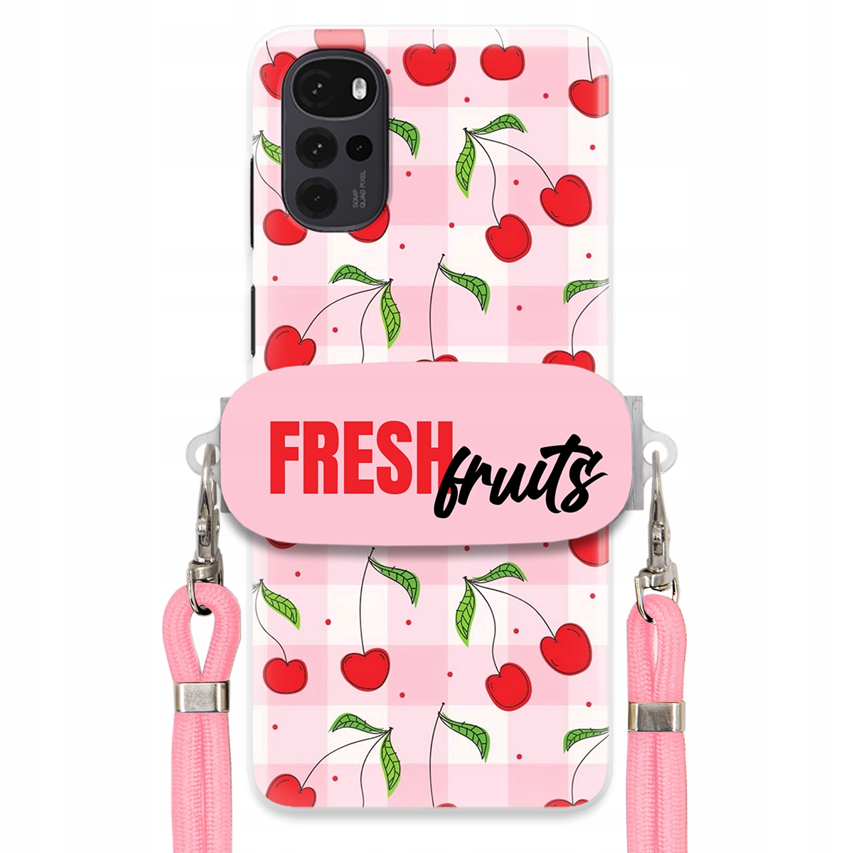 Puzdro pre Motorola G22 4G Držiak na šnúrku Ružový Fresh Fruits Mriežka
