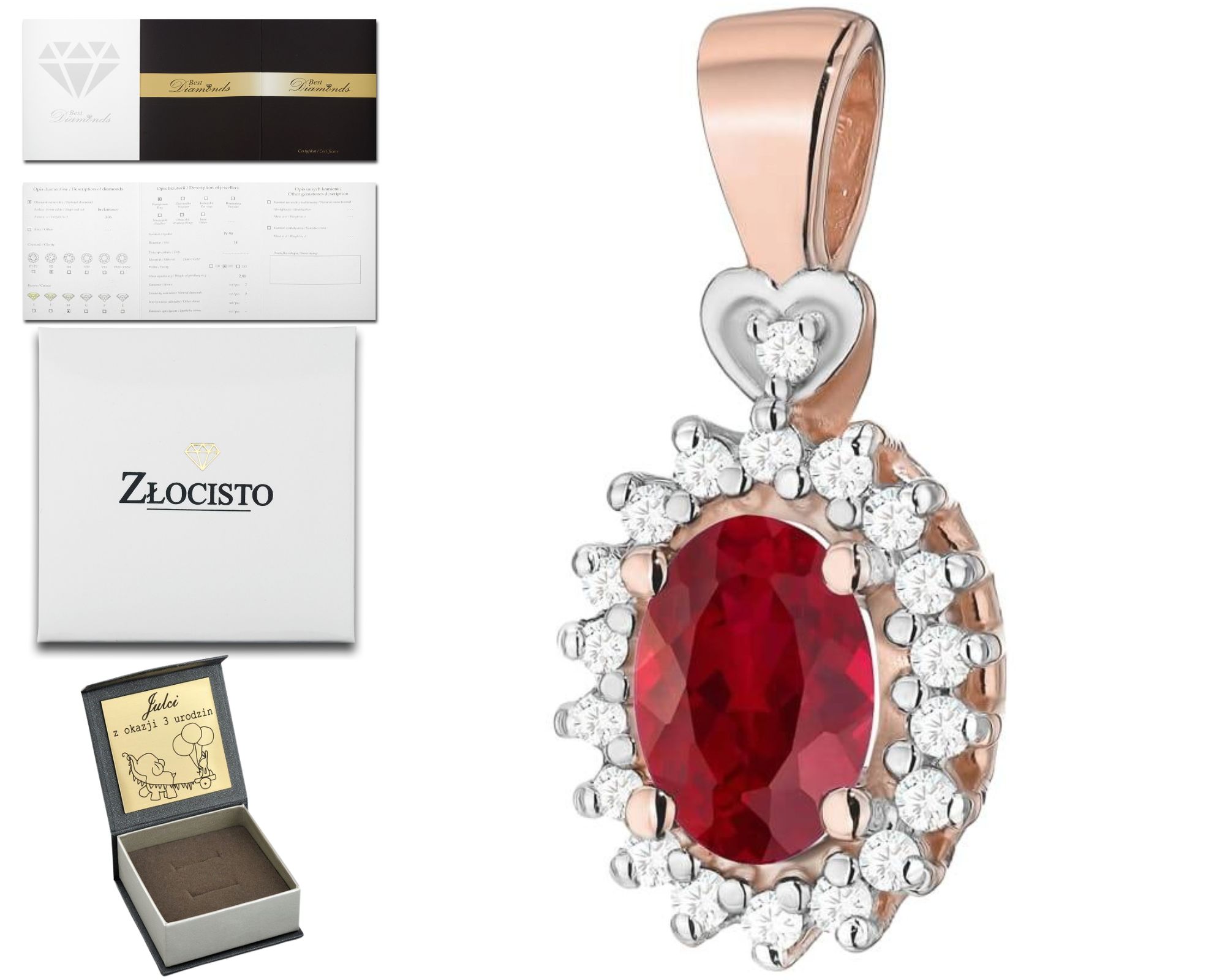 Růžové Zlato Přívěsek Briliant Diamant Přírodní Kámen Rubín 585 Dárek