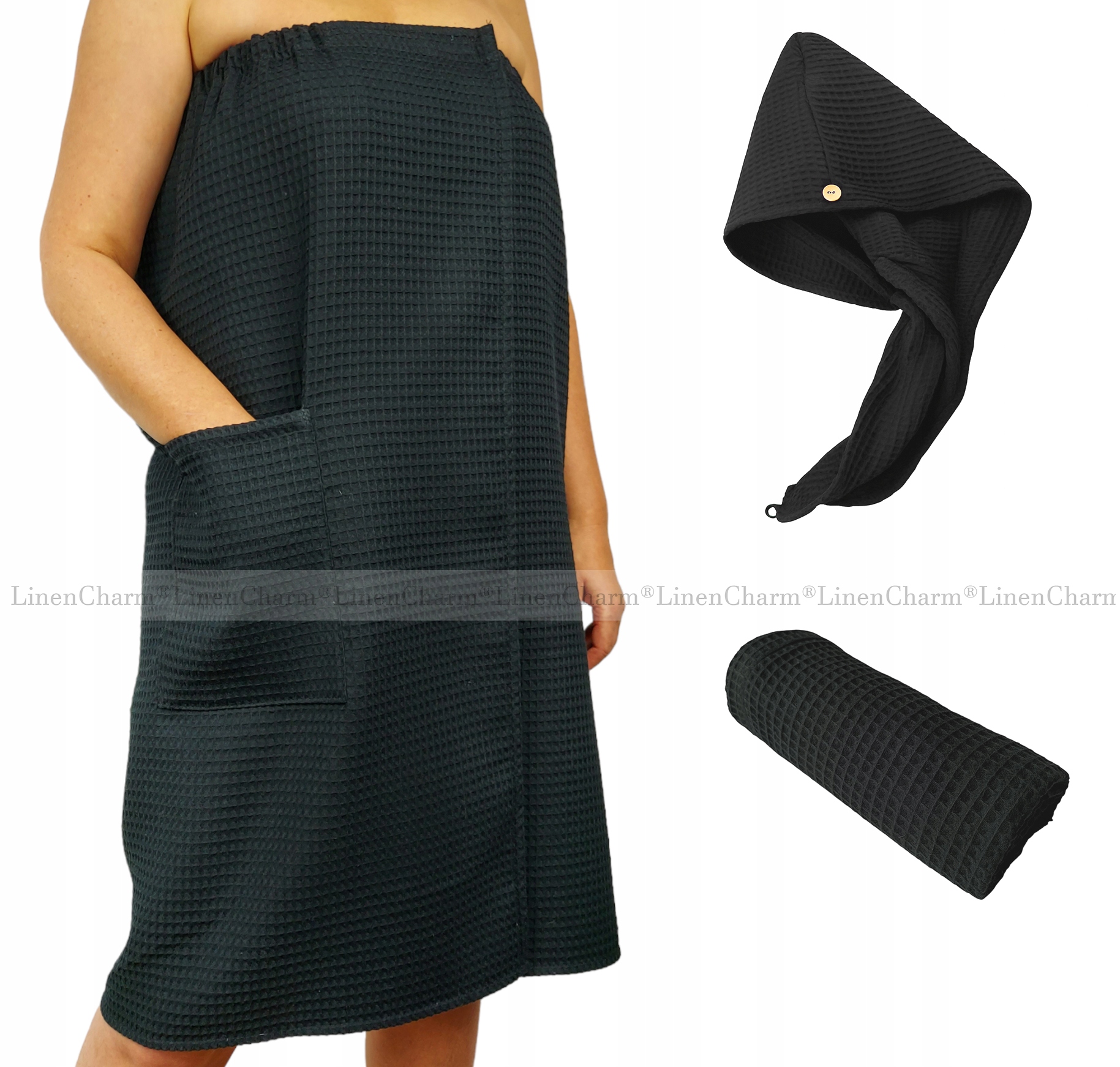 Dámský Set Pareo Ručník Turban Do Sauny Bavlna 100% Černá Sm