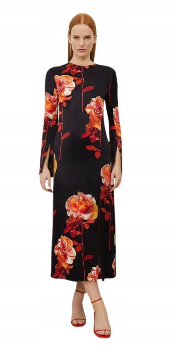 Karen Millen Petite Černé Šaty MIDI S Flare Rukávem 38 B1F