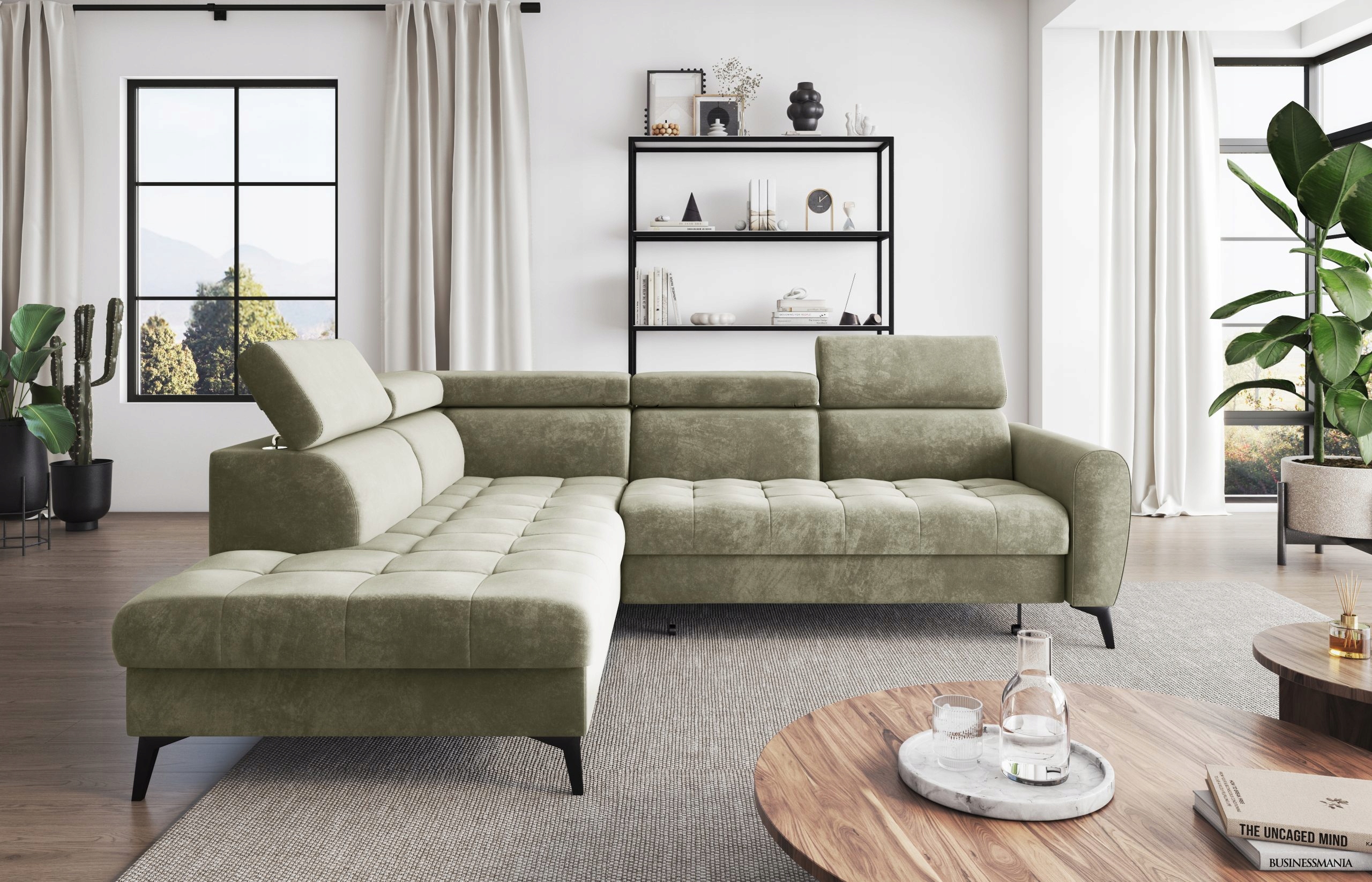 Pohodlný rohová sedací souprava s funkcí spaní Bjorn L, béžový, velurový.